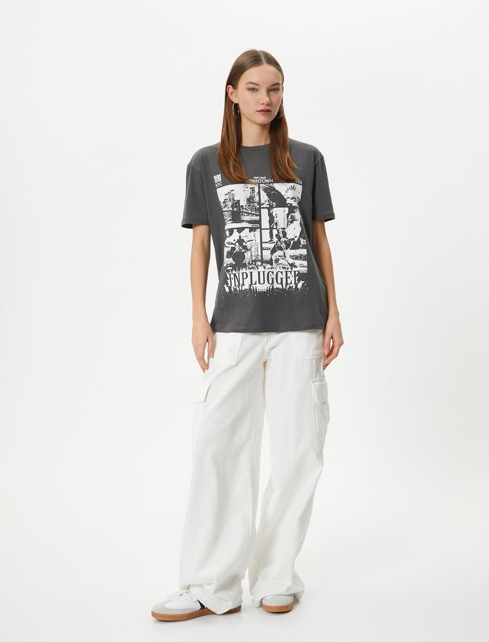  Baskılı Tişört Müzik Temalı Kısa Kollu Bisiklet Yaka Pamuklu