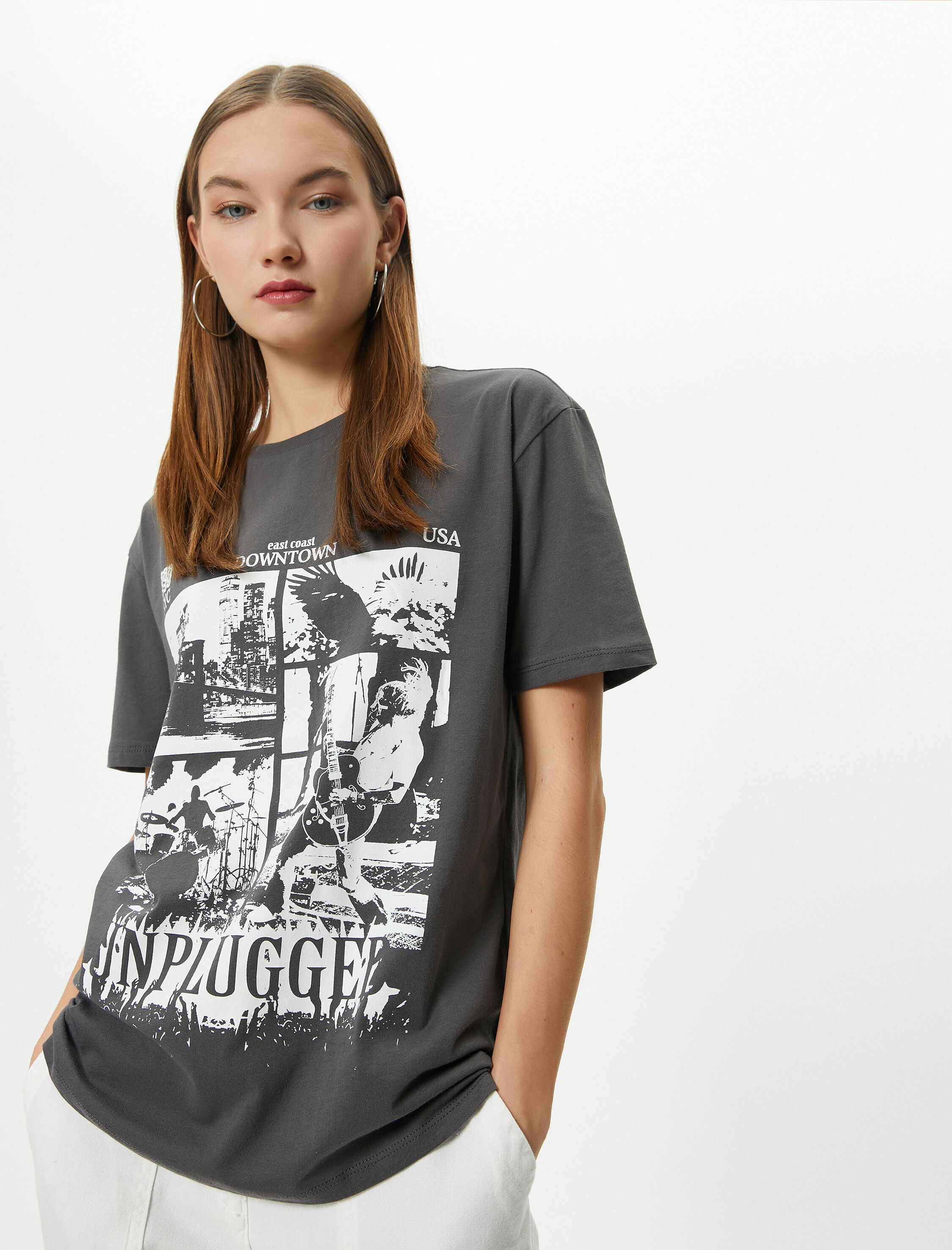   Baskılı Tişört Müzik Temalı Kısa Kollu Bisiklet Yaka Pamuklu