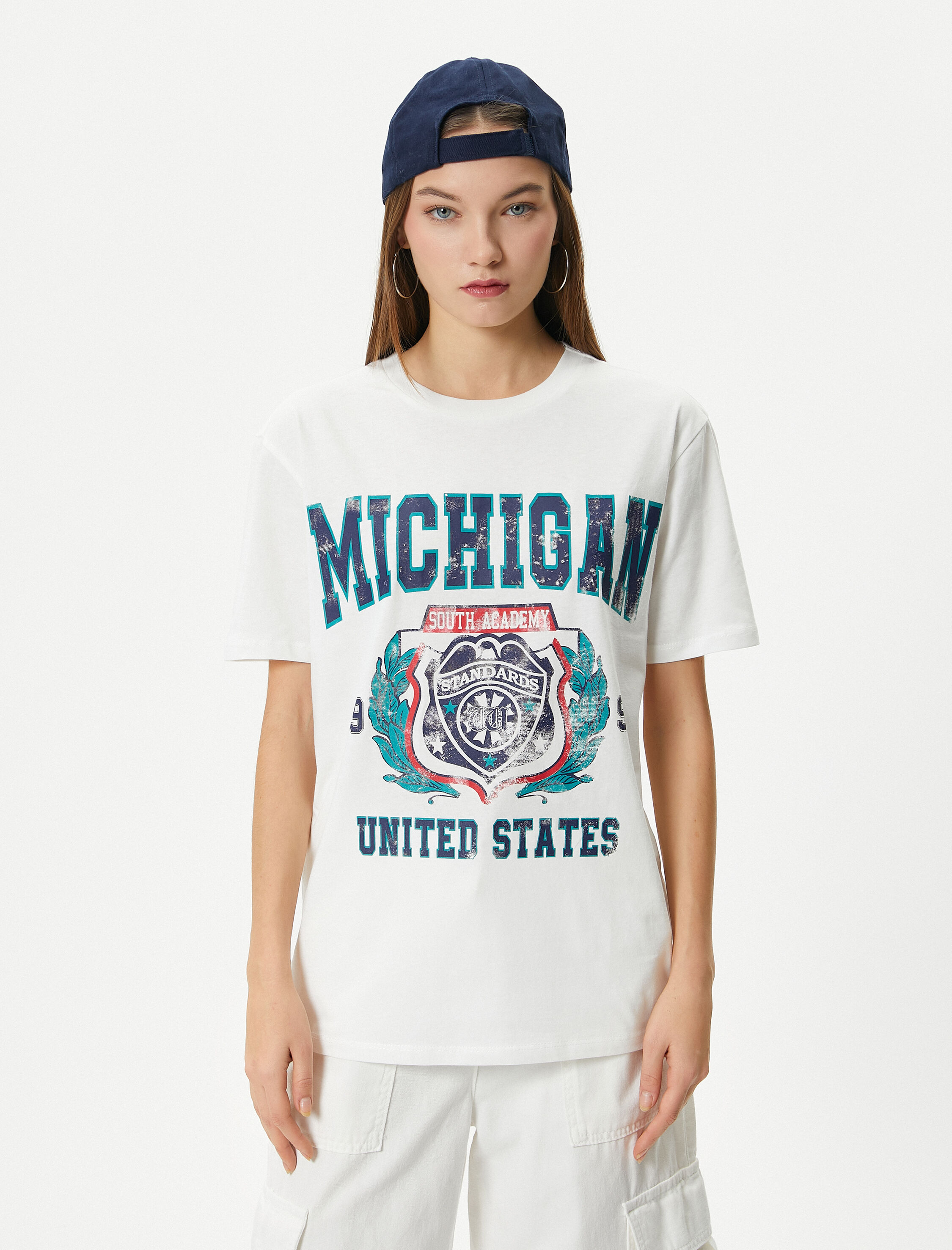 Kolej Tişört Baskılı Kısa Kollu Bisiklet Yaka Pamuklu Rahat Kalıp