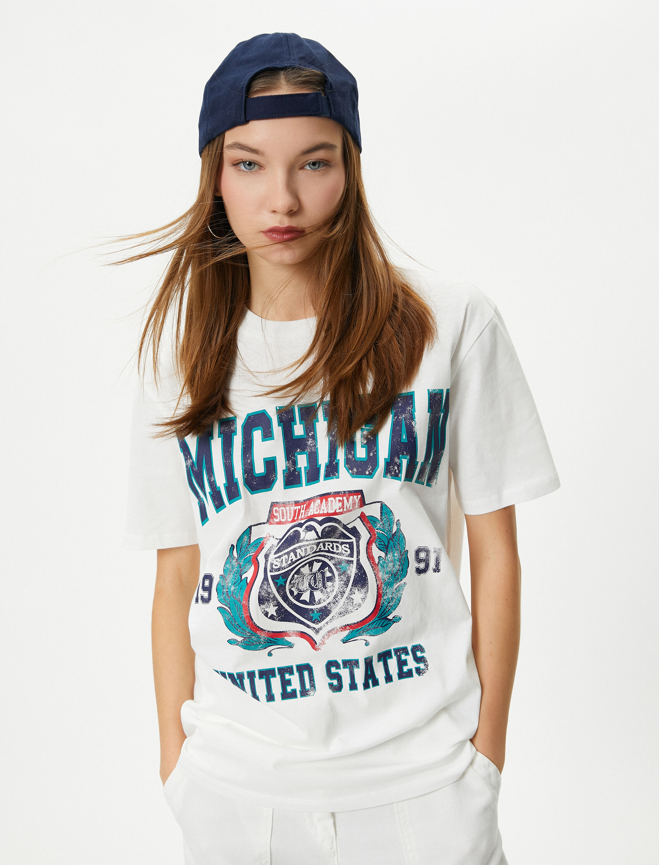 Kolej Tişört Baskılı Kısa Kollu Bisiklet Yaka Pamuklu Rahat Kalıp