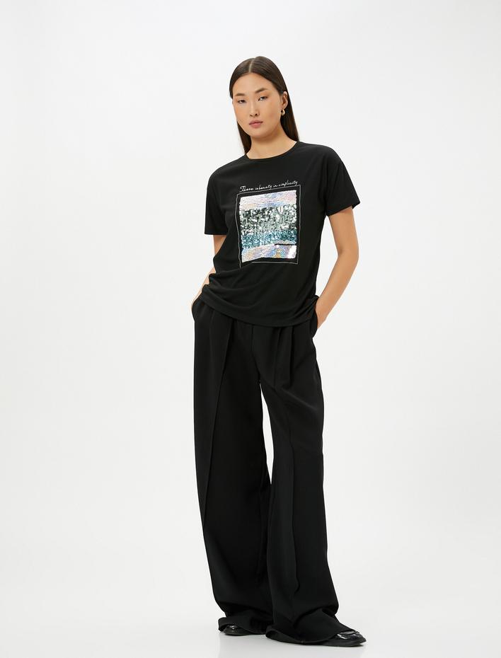  Pul Payetli Tişört Bisiklet Yaka Kısa Kollu