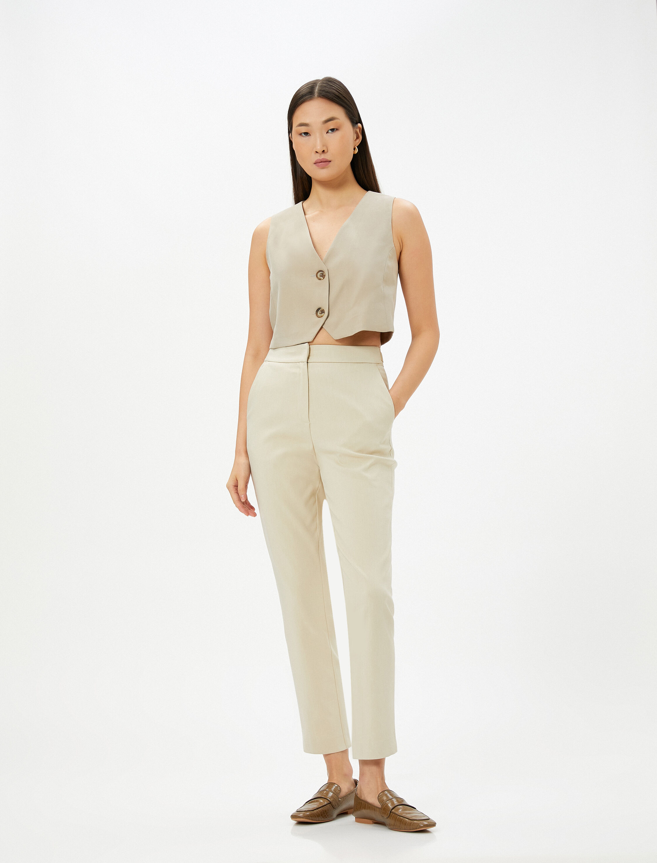   Kumaş Cigarette Pantolon Slim Fit Cep Detaylı Yüksek Bel