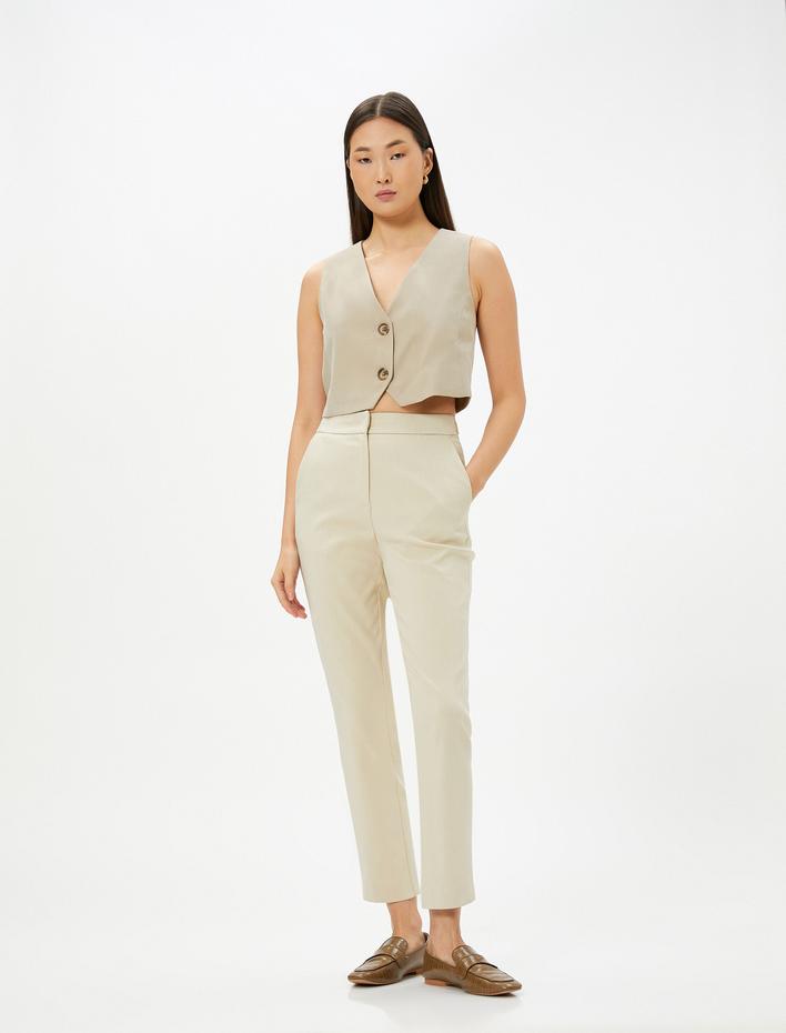  Kumaş Cigarette Pantolon Slim Fit Cep Detaylı Yüksek Bel