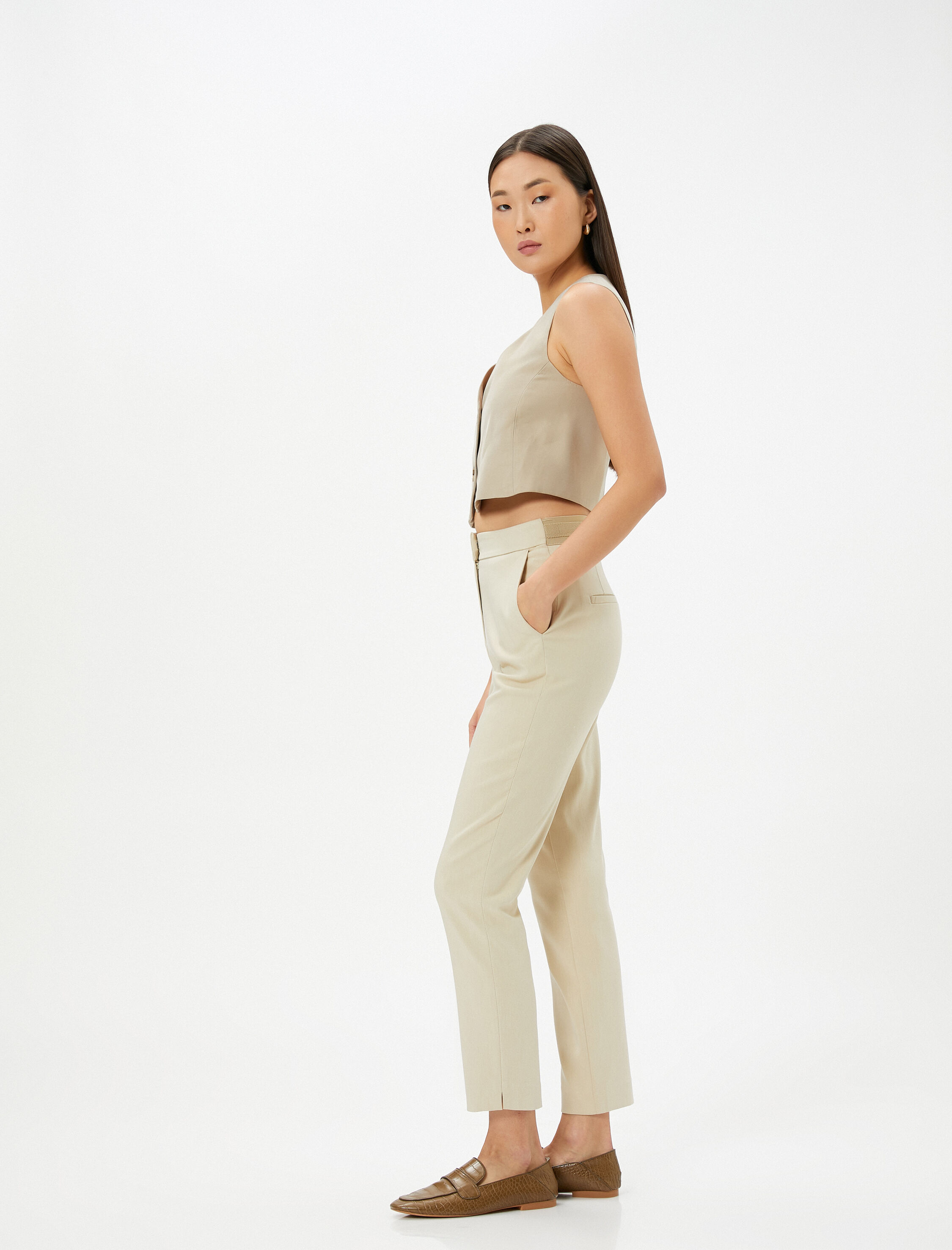   Kumaş Cigarette Pantolon Slim Fit Cep Detaylı Yüksek Bel