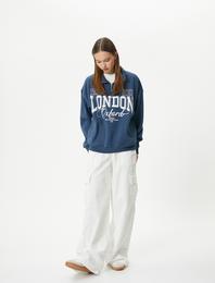 Şardonlu Yarım Fermuarlı Sweatshirt Rahat Kalıp Kolej Temalı Baskılı  Pamuk Karışımlı