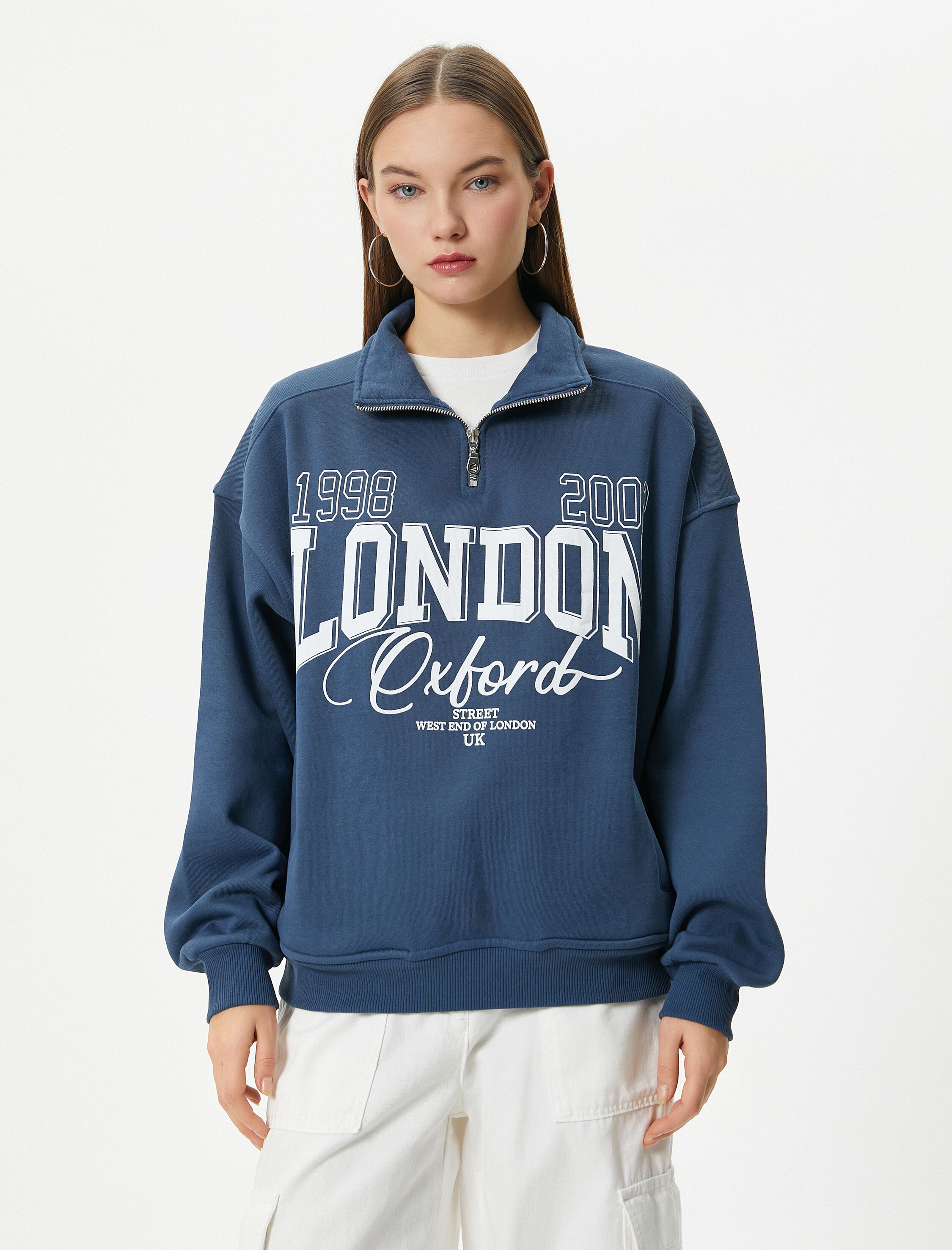   Şardonlu Yarım Fermuarlı Sweatshirt Rahat Kalıp Kolej Temalı Baskılı  Pamuk Karışımlı