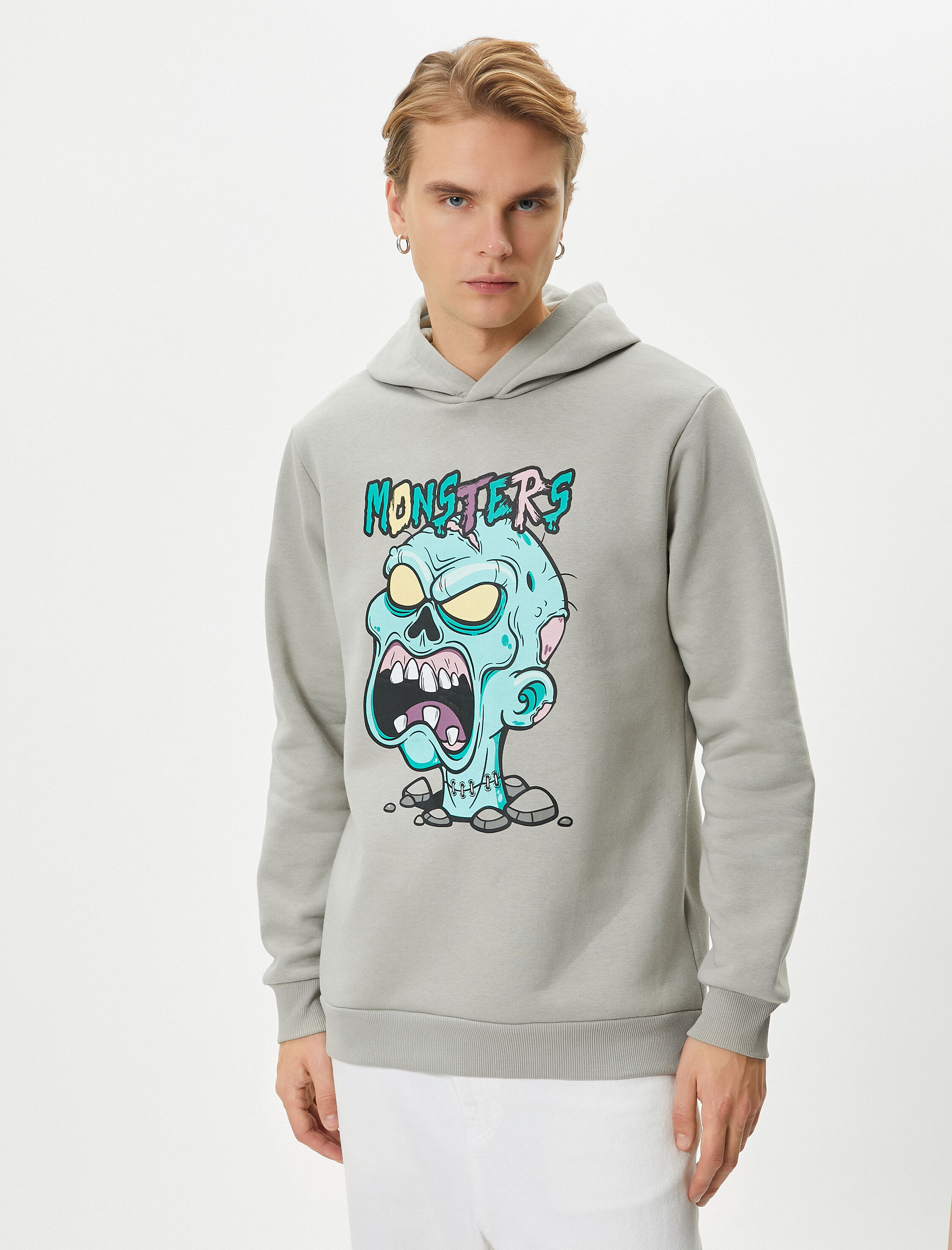   Canavar Baskılı Hoodie Rahat Kesim Uzun Kollu Ribanalı Şardonlu