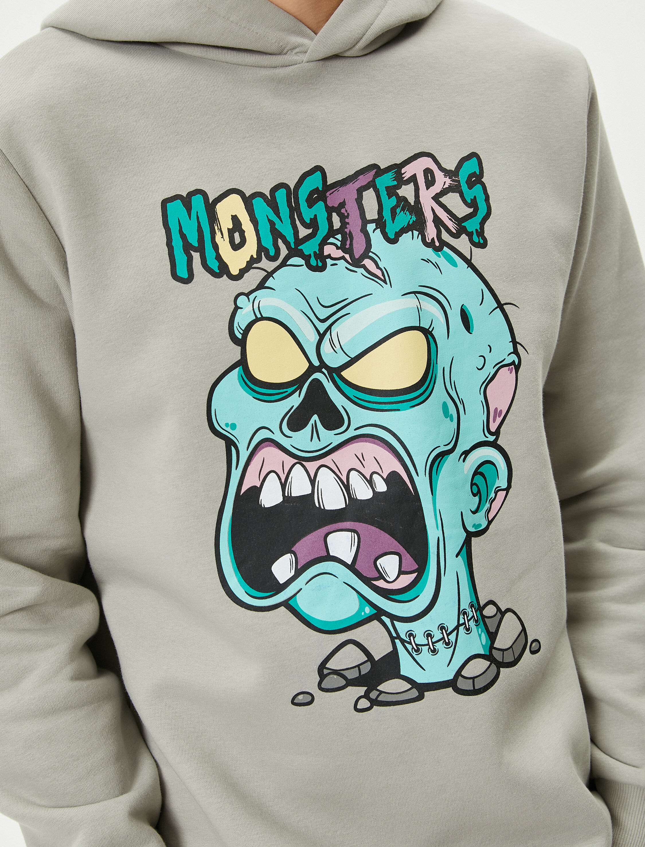   Canavar Baskılı Hoodie Rahat Kesim Uzun Kollu Ribanalı Şardonlu