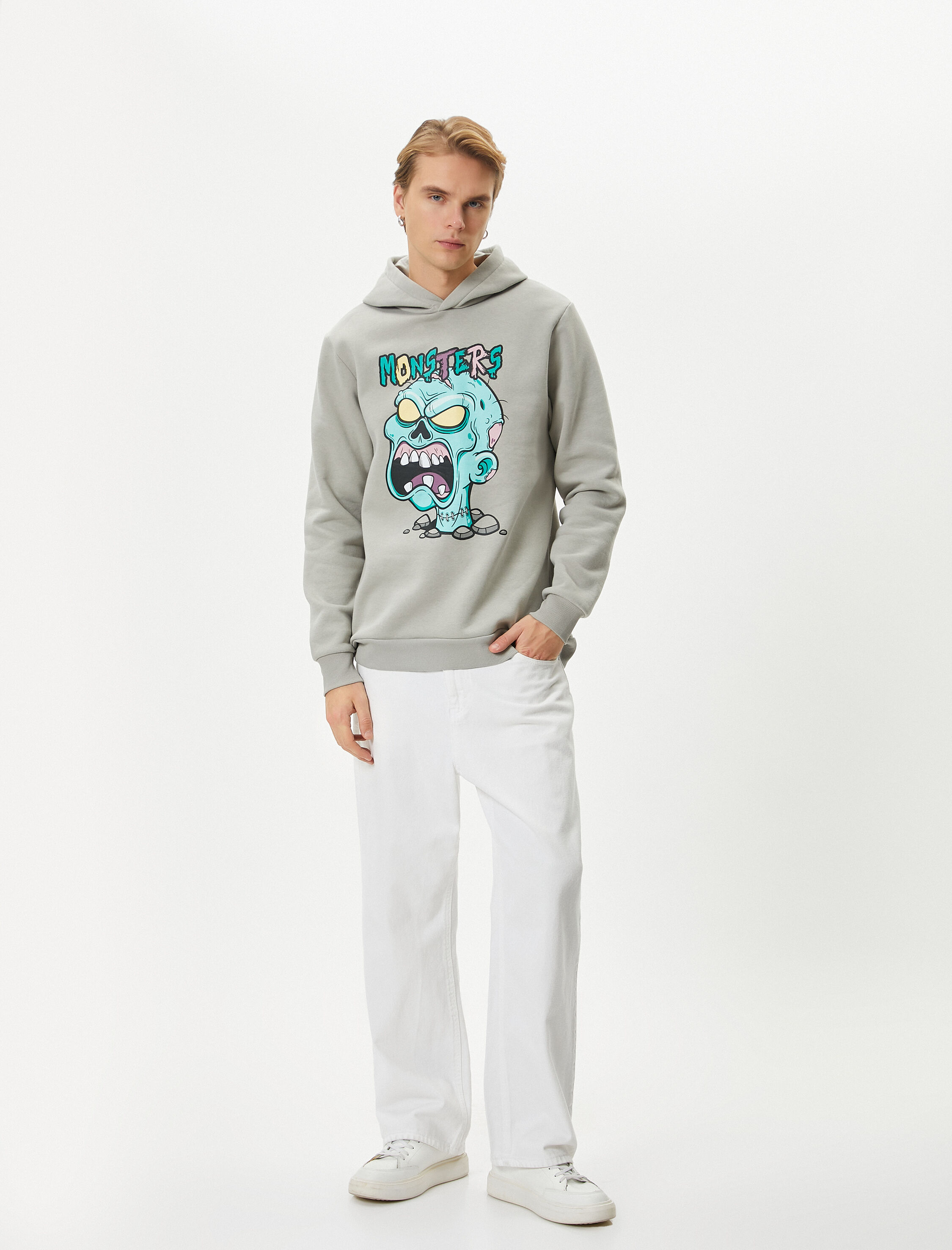   Canavar Baskılı Hoodie Rahat Kesim Uzun Kollu Ribanalı Şardonlu