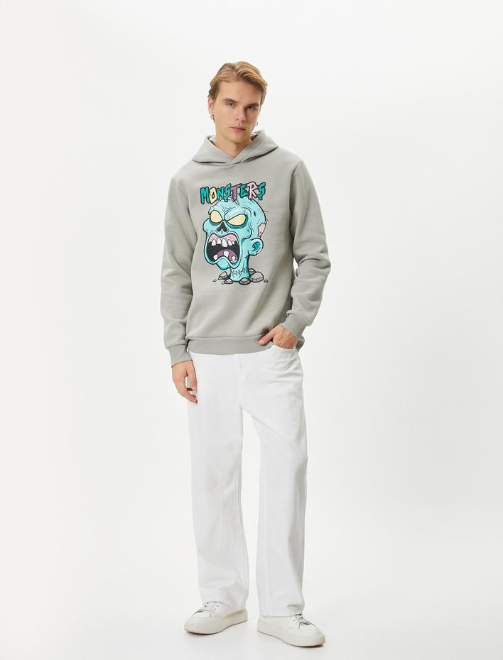  Canavar Baskılı Hoodie Rahat Kesim Uzun Kollu Ribanalı Şardonlu