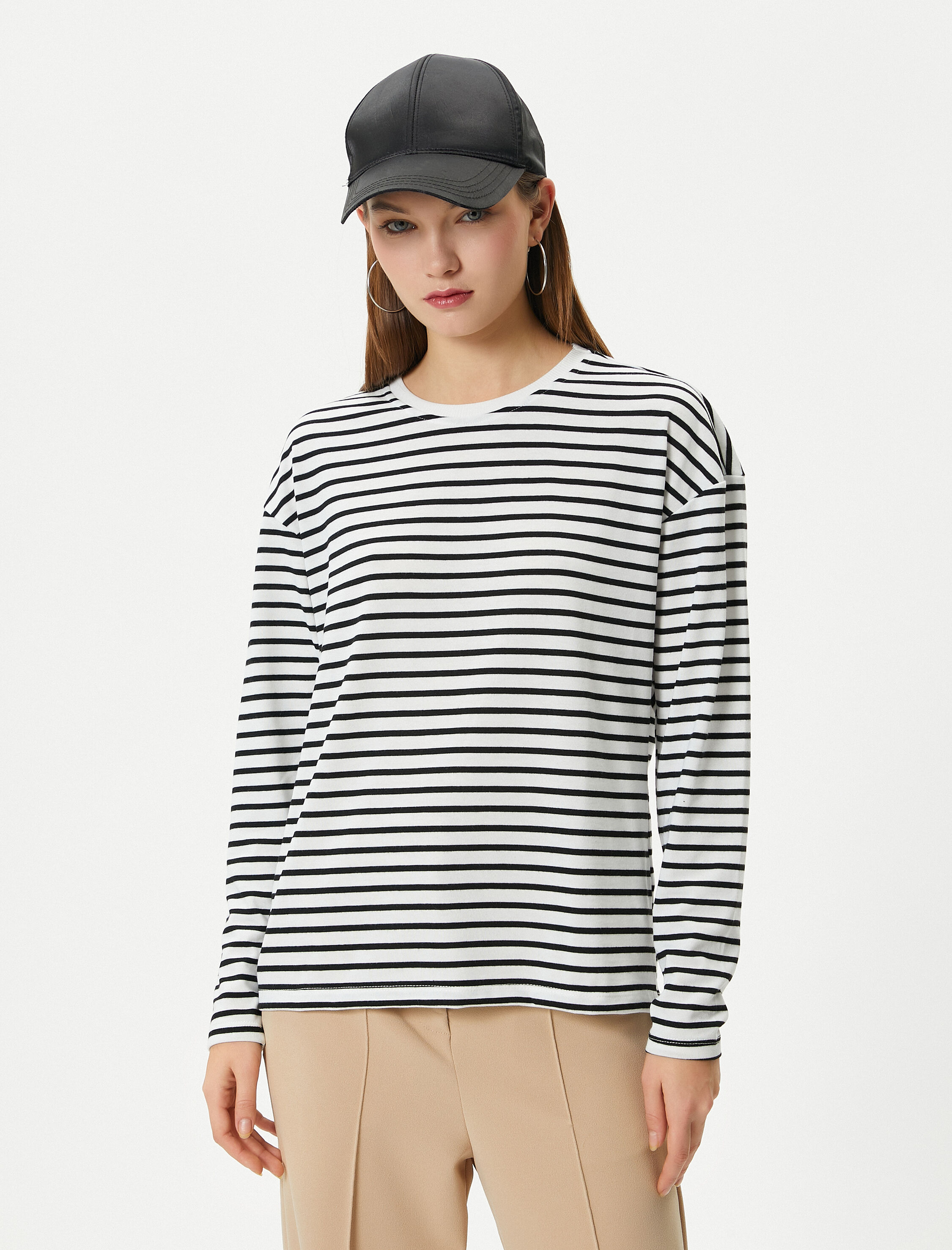   Uzun Kollu Tişört Bisiklet Yaka Rahat Kalıp Pamuklu