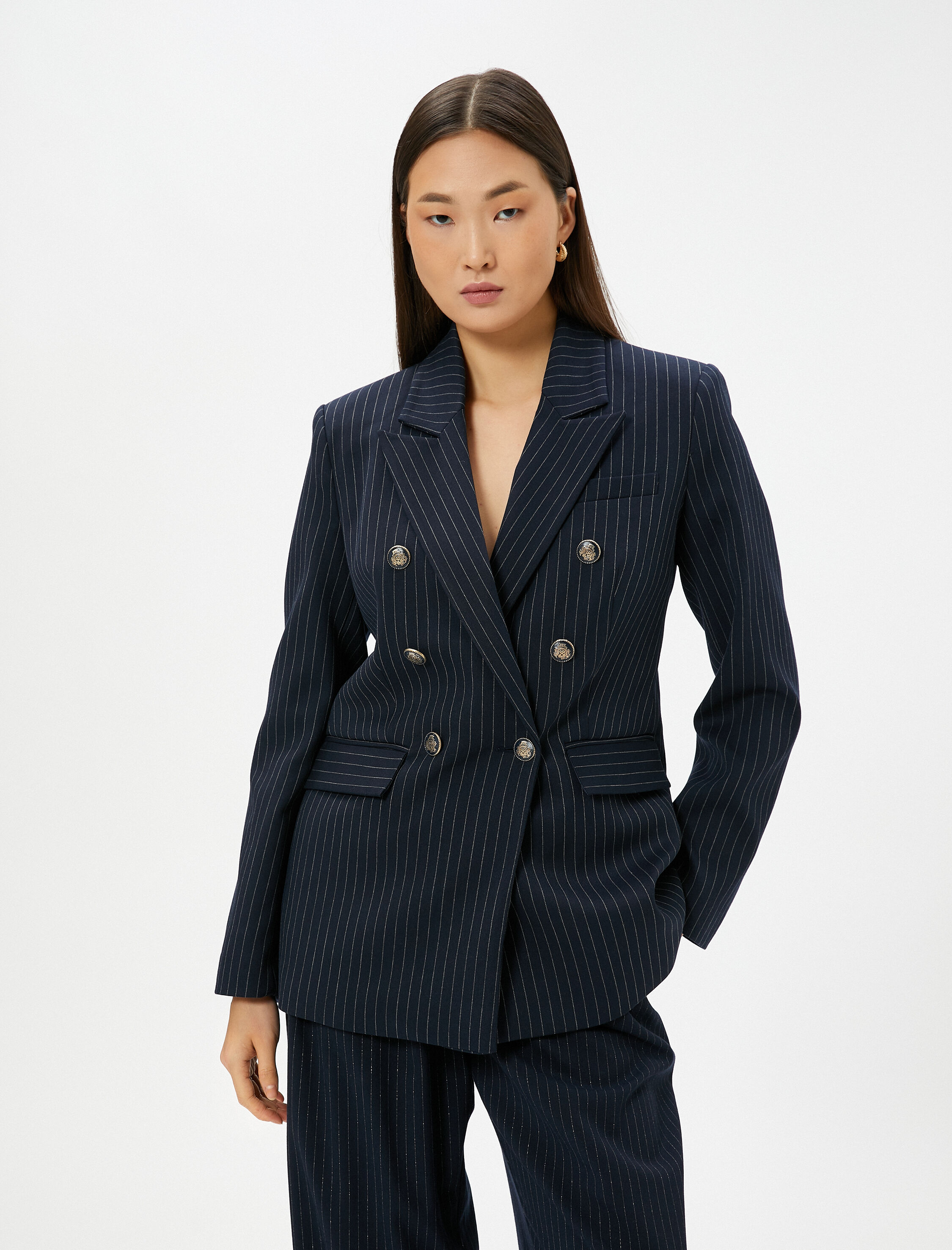   Blazer Ceket Kruvaze Düğmeli Kapaklı Cepli