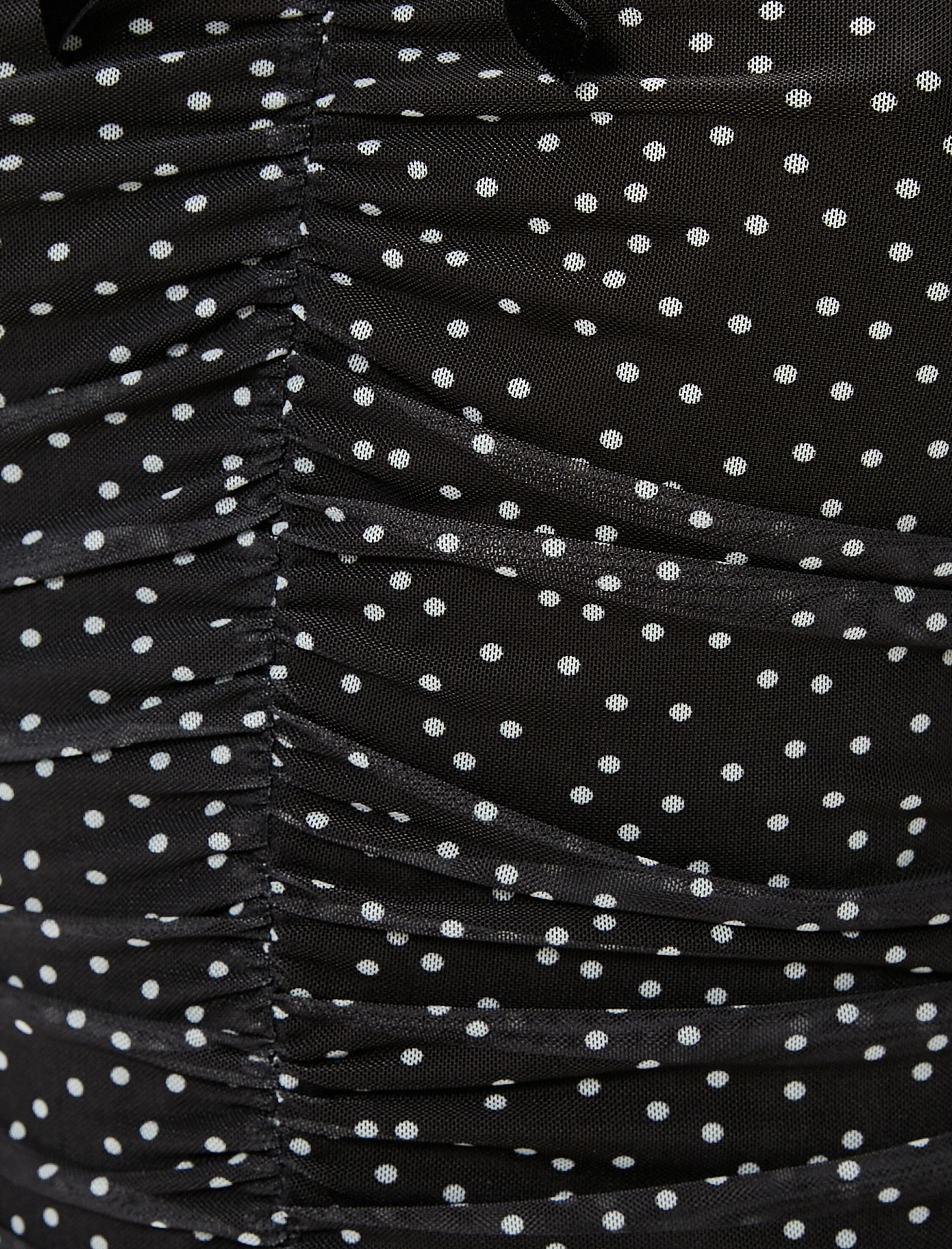   Puantiyeli Elbise Fırfırlı Drapeli Uzun Kollu Kare Yaka Fiyonk Detaylı