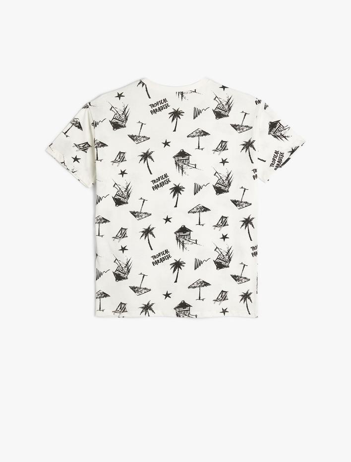 Erkek Çocuk Tişört Tropik Baskılı Kısa Kollu Bisiklet Yaka Pamuklu