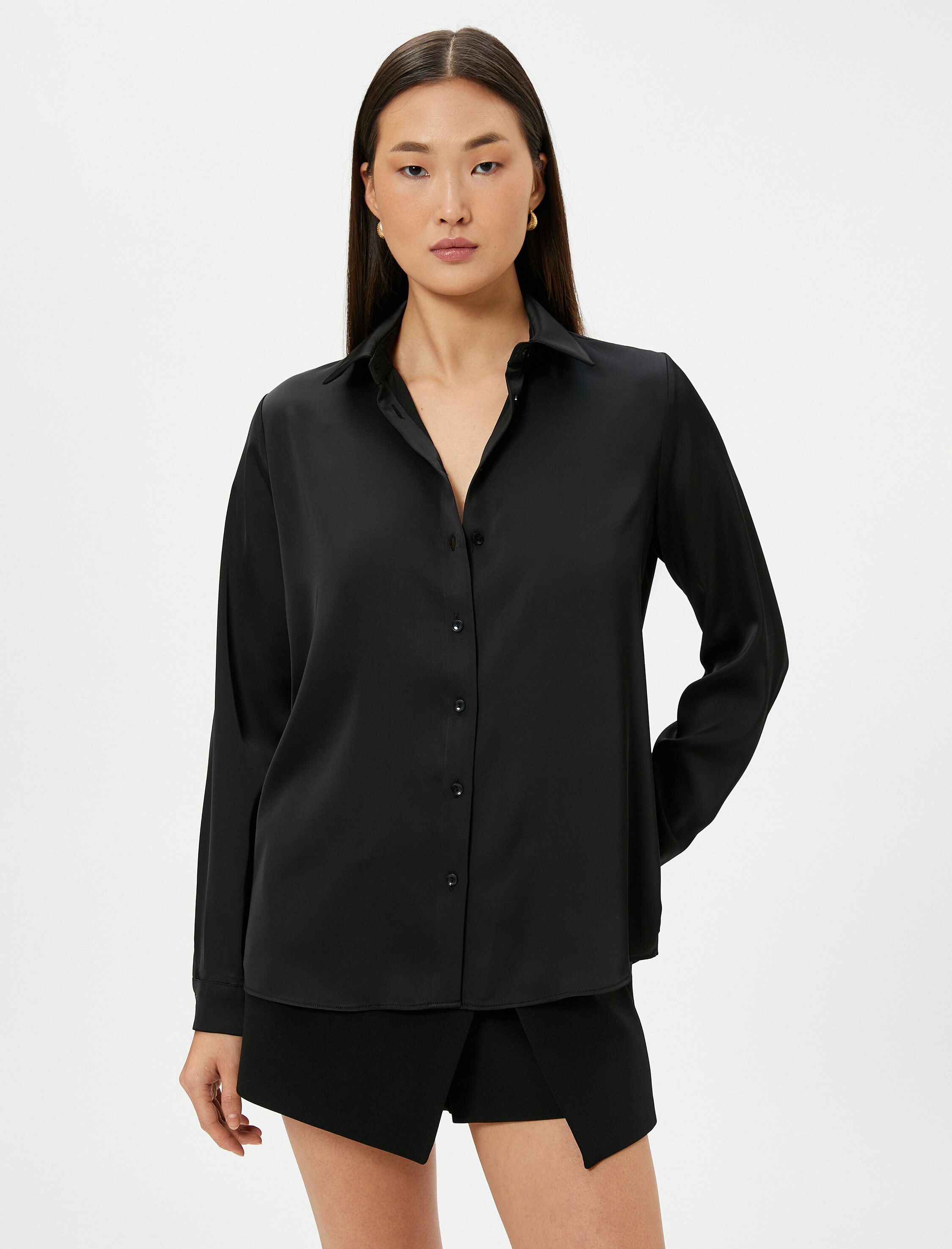   Saten Gömlek Düğmeli Manşet Yaka Regular Fit