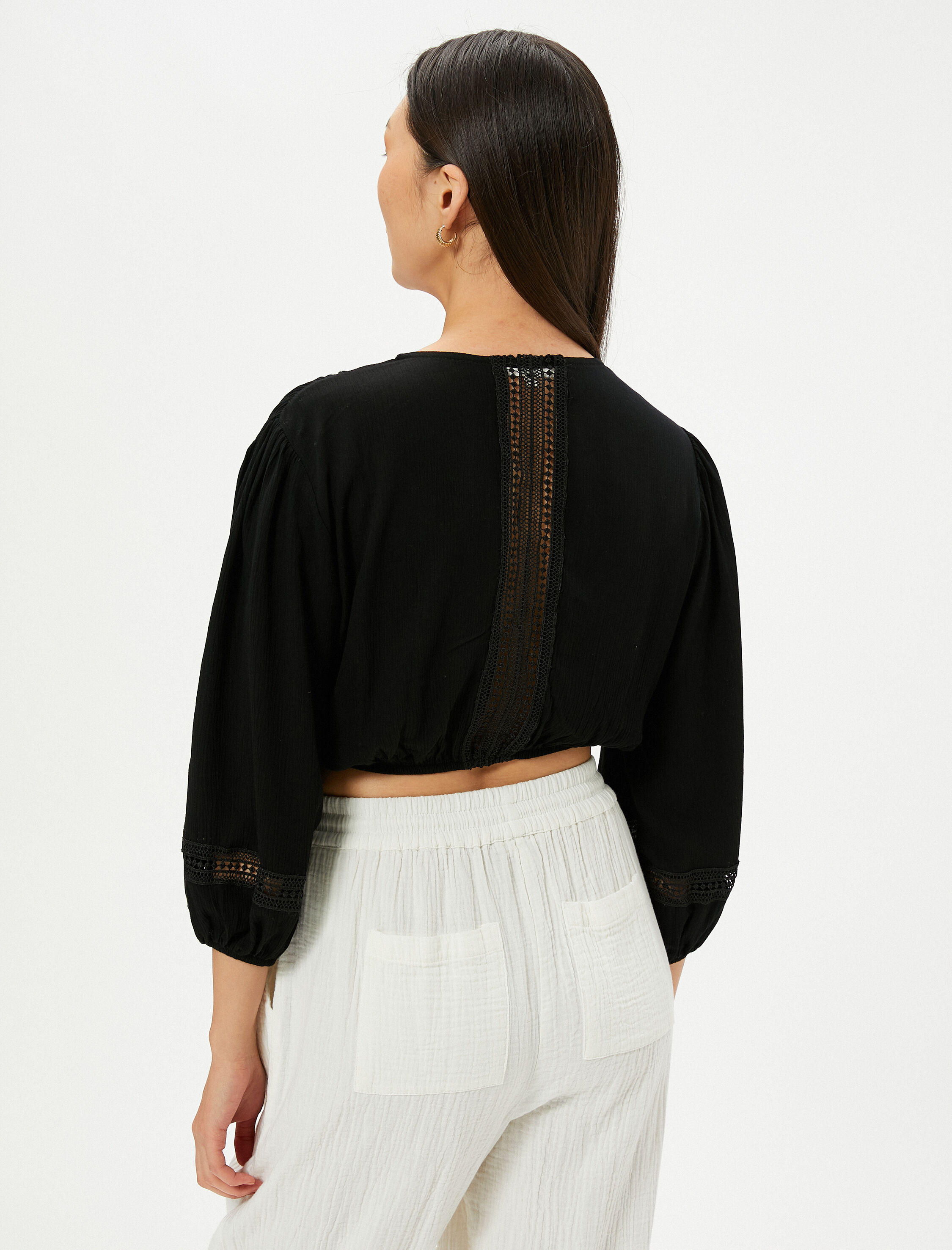   Crop Bluz Önden Bağlamalı Balon Kollu