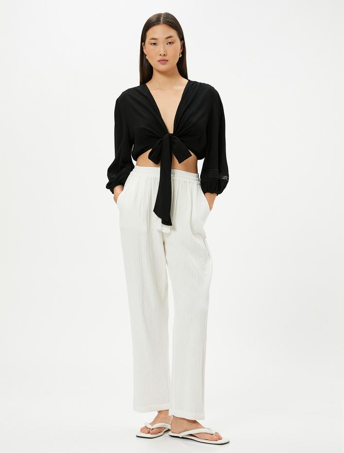  Crop Bluz Önden Bağlamalı Balon Kollu