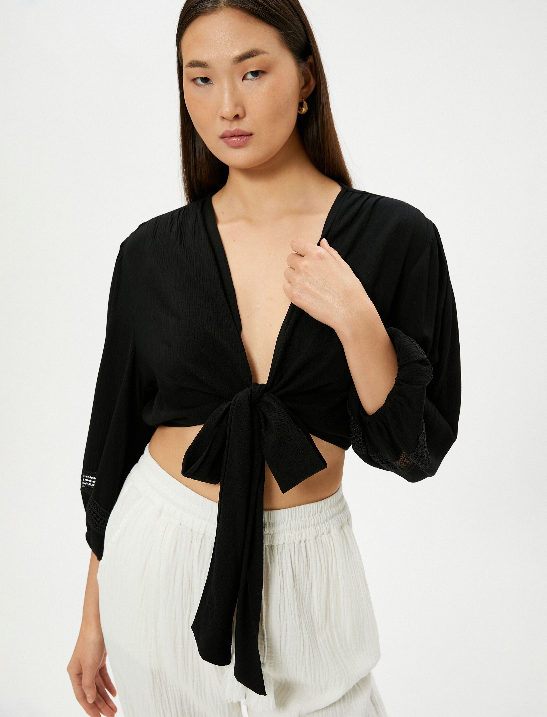   Crop Bluz Önden Bağlamalı Balon Kollu