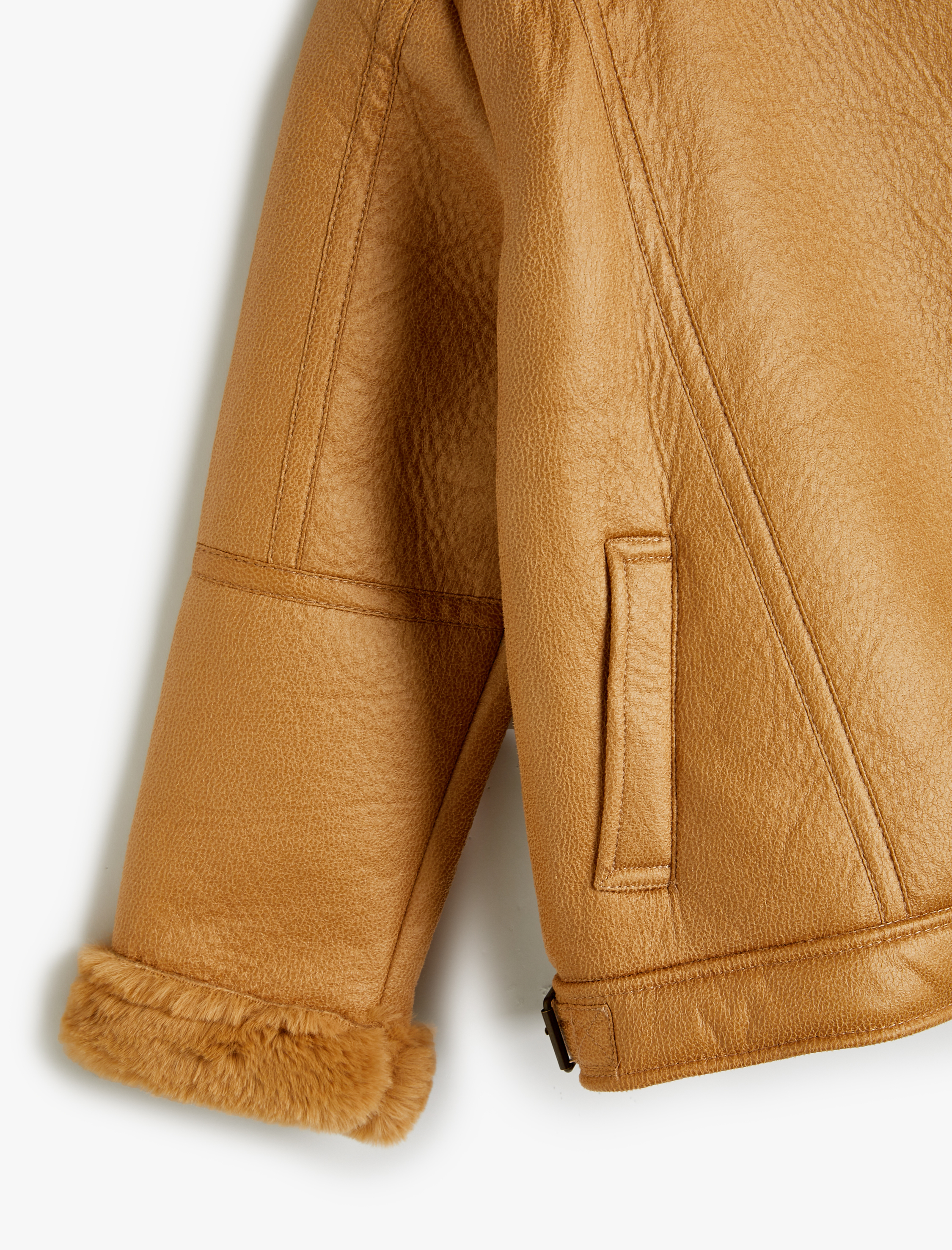  Kız Çocuk Biker Ceket Deri Görünümlü Suni Kürk Yaka Detaylı Fermuarlı