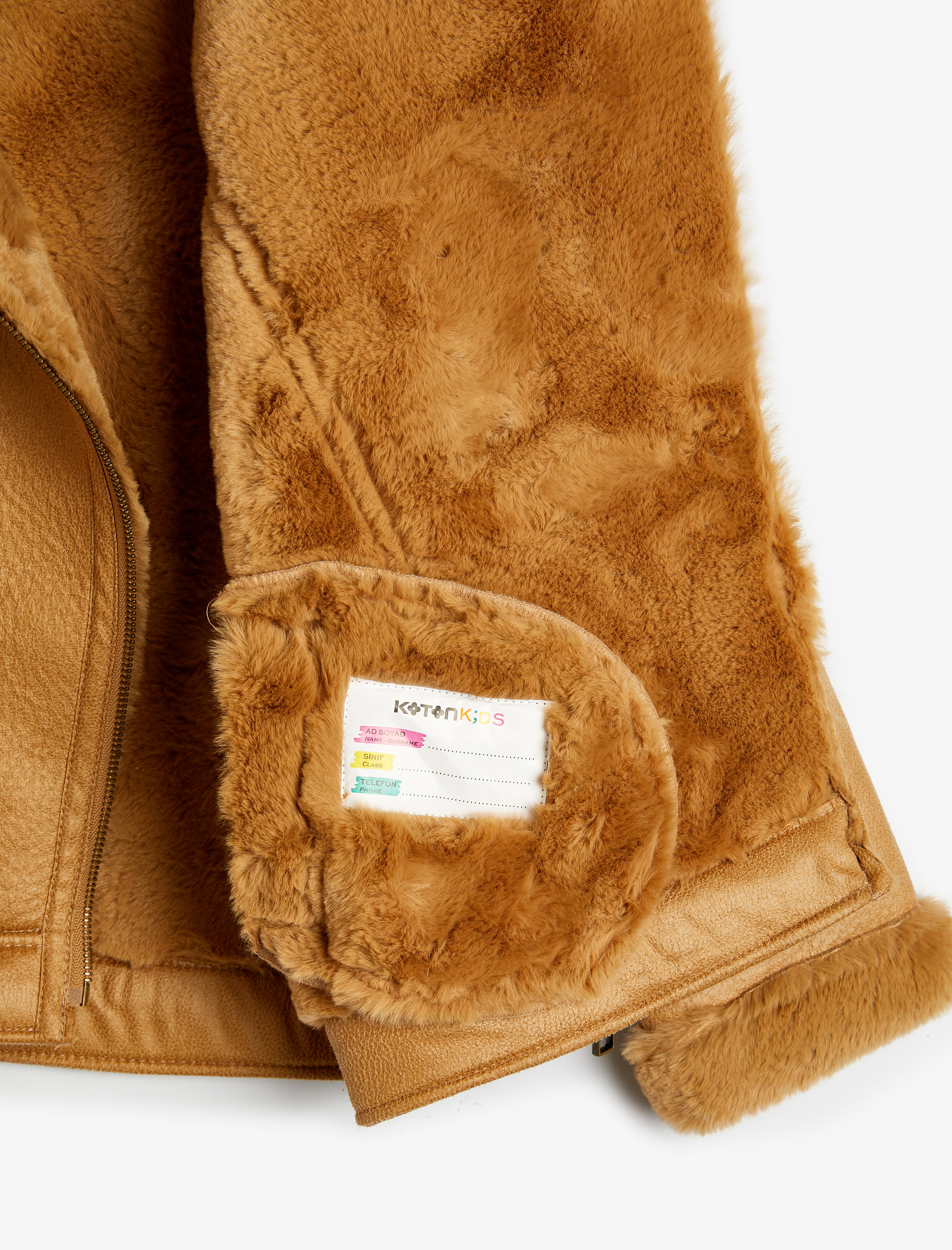  Kız Çocuk Biker Ceket Deri Görünümlü Suni Kürk Yaka Detaylı Fermuarlı