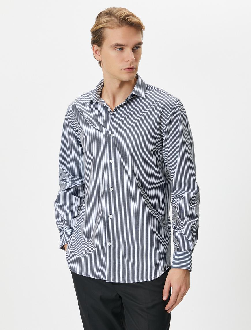   Basic Gömlek Klasik Manşet Yaka Düğmeli Uzun Kollu