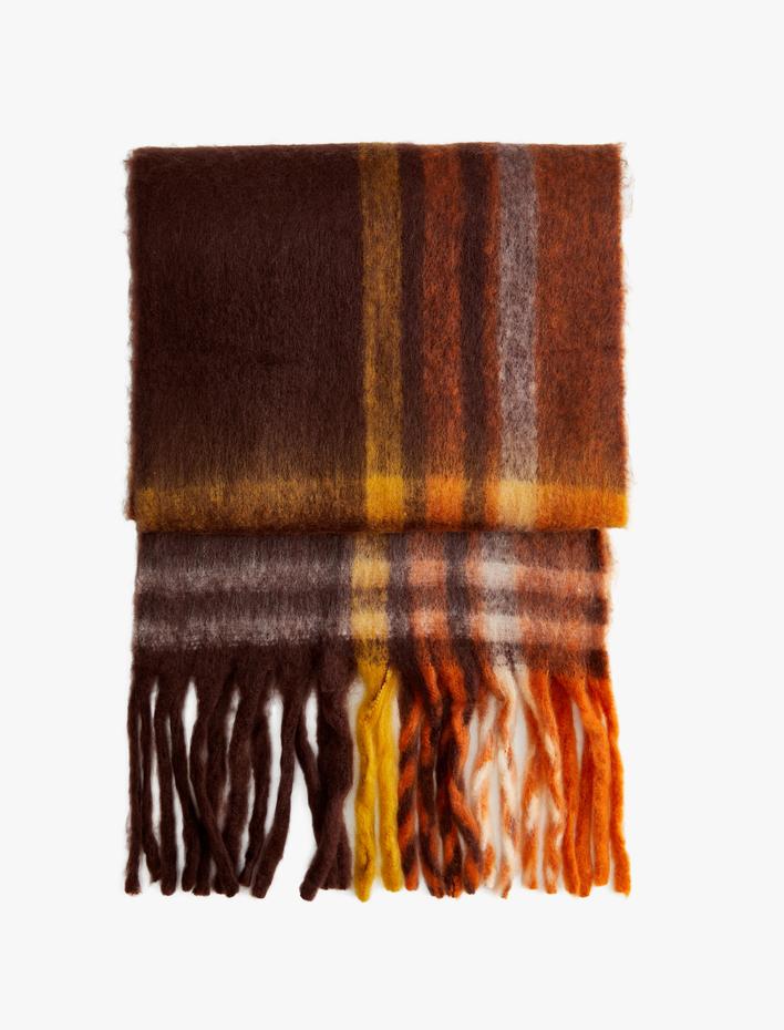 Kadın Yumuşak Dokulu Çok Renkli Uzun Atkı Püsküllü