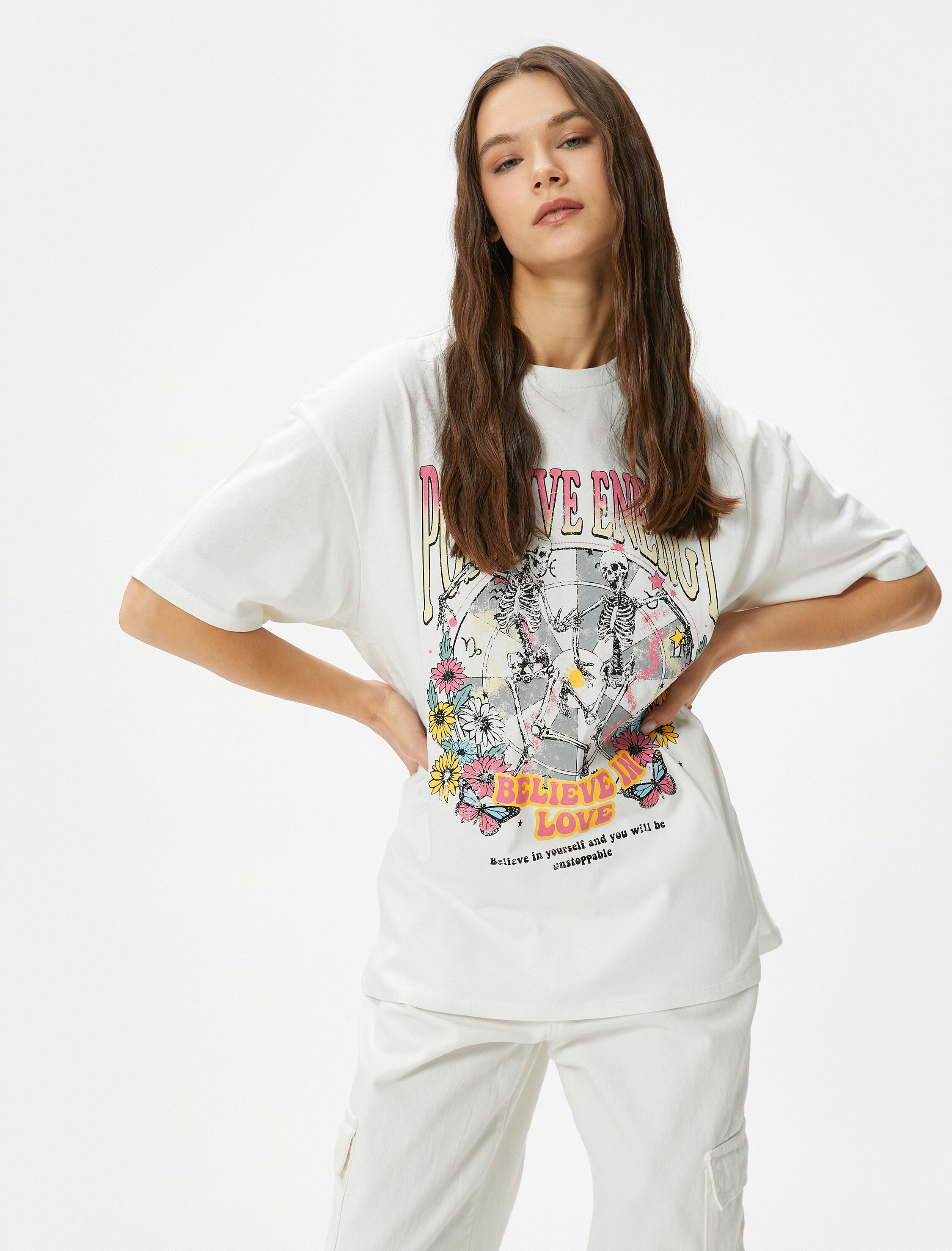   Baskılı  Tişört Kısa Kollu Bisiklet Yaka Rahat Kalıp Pamuklu