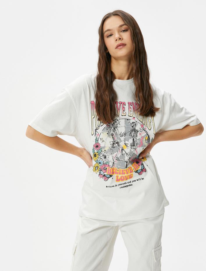  Baskılı  Tişört Kısa Kollu Bisiklet Yaka Rahat Kalıp Pamuklu