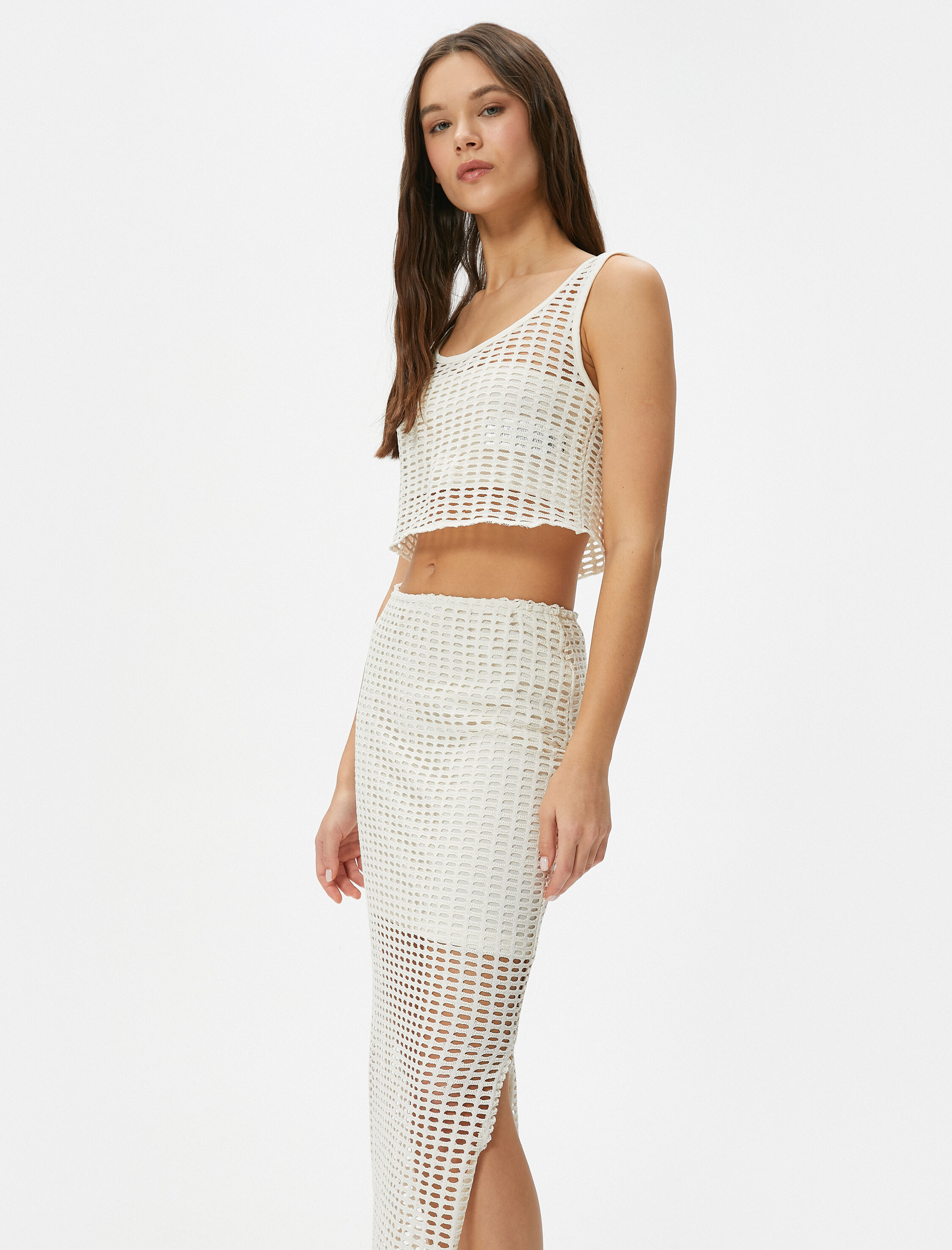   Uzun Kroşe Etek Ajurlu Yüksek Bel Yanları Yırtmaçlı Astarlı Slim Fit