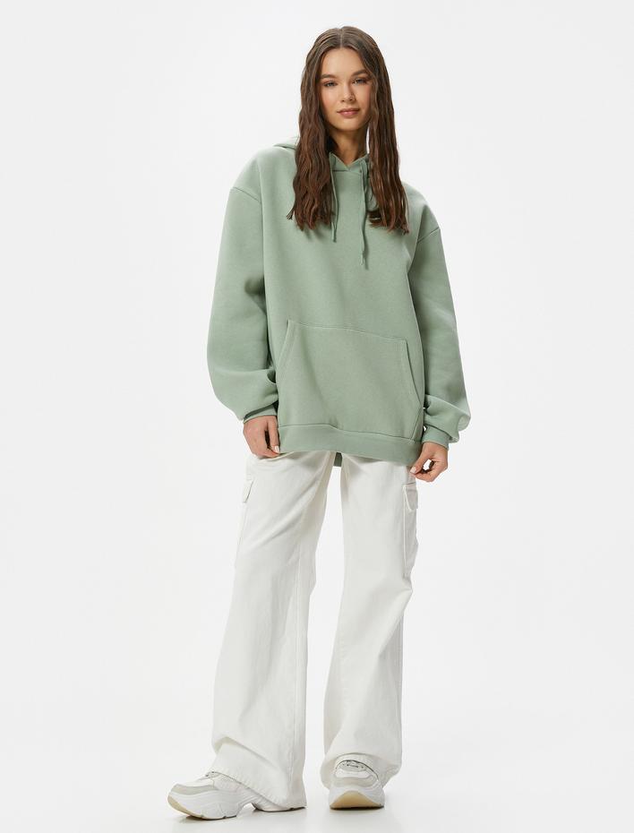  Şardonlu Kapşonlu Sweatshirt Arkası Baskılı Rahat Kalıp Uzun Kollu
