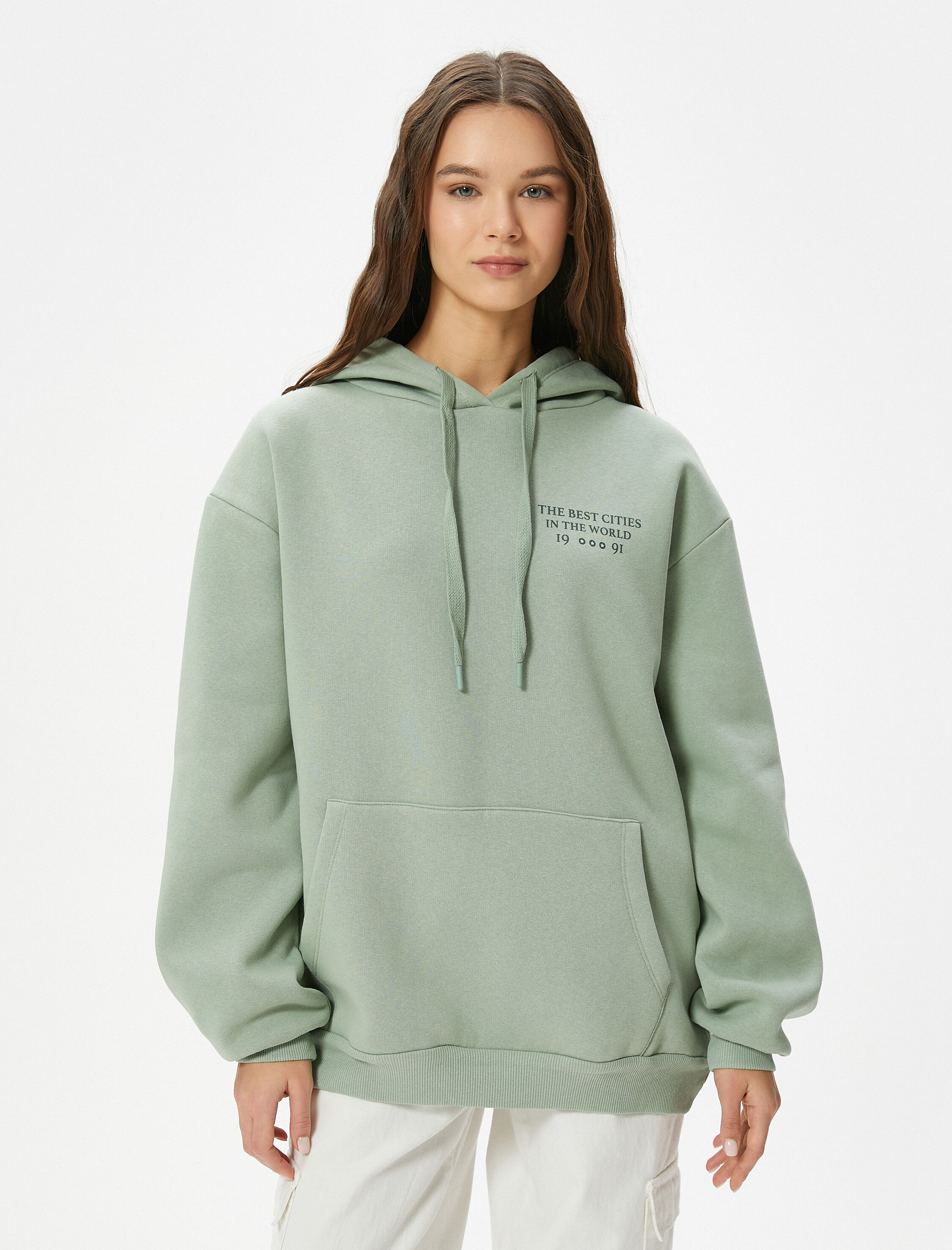   Şardonlu Kapşonlu Sweatshirt Arkası Baskılı Rahat Kalıp Uzun Kollu