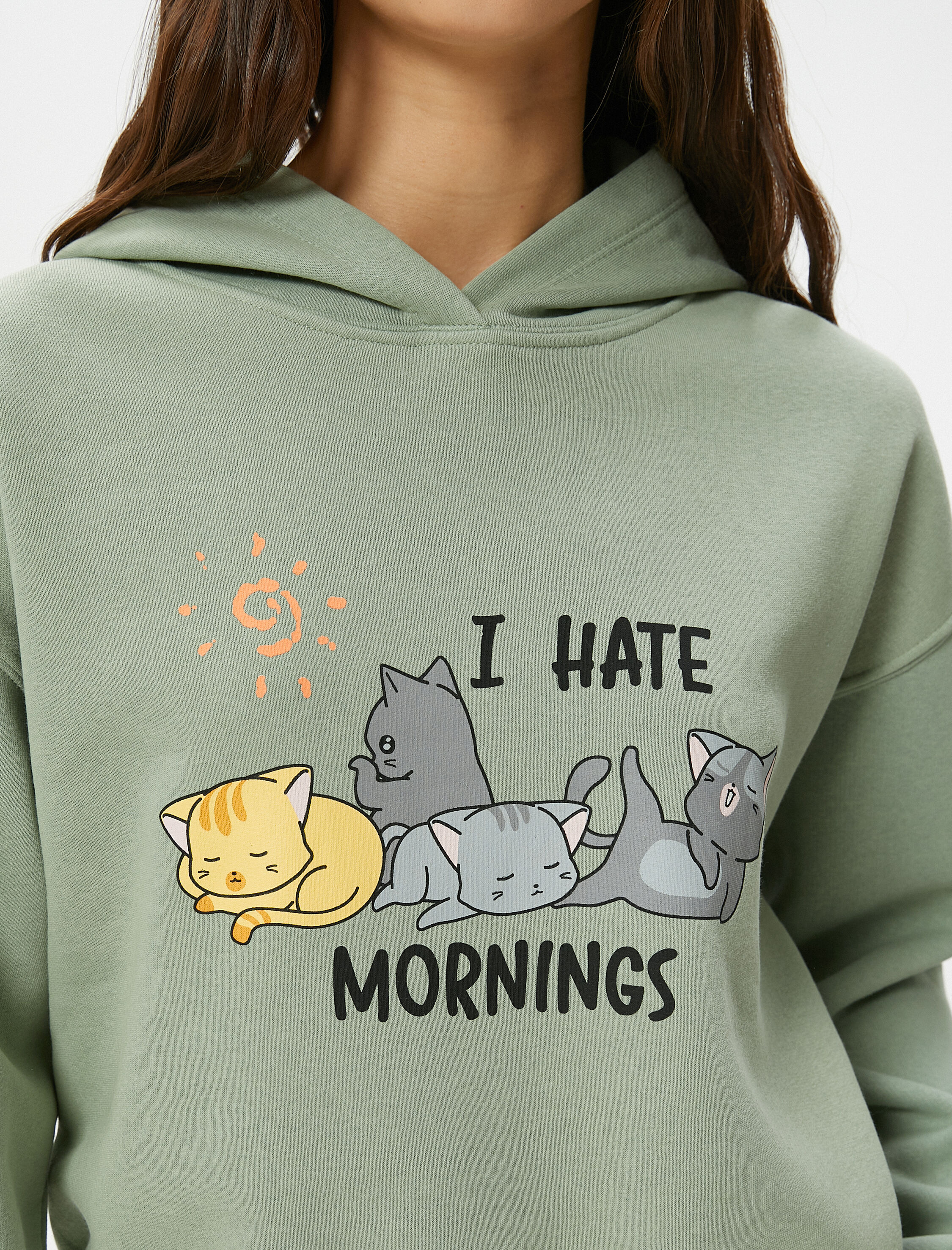   Şardonlu Kedili Crop Kapşonlu Sweatshirt Uzun Kollu Rahat Kalıp