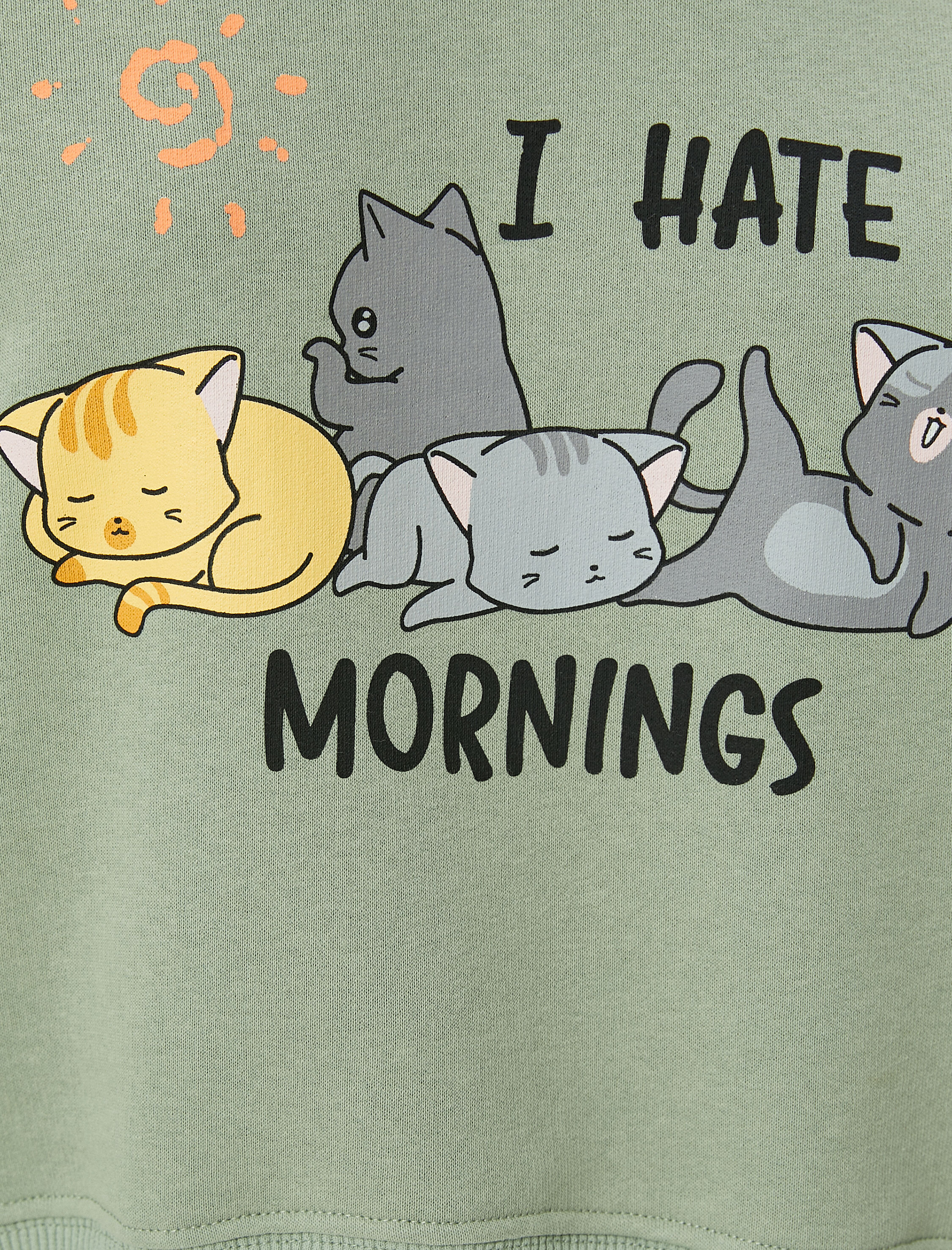   Şardonlu Kedili Crop Kapşonlu Sweatshirt Uzun Kollu Rahat Kalıp