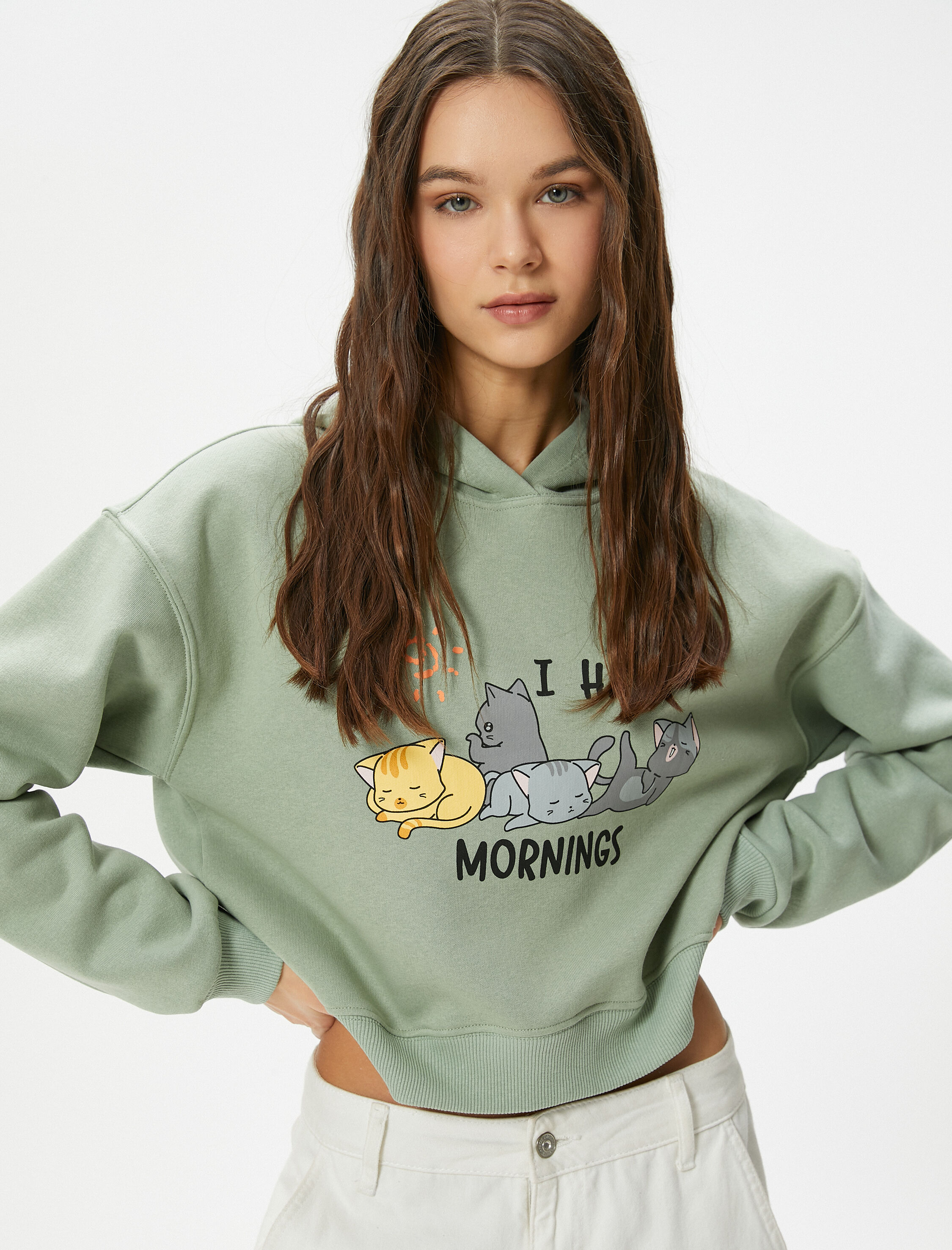   Şardonlu Kedili Crop Kapşonlu Sweatshirt Uzun Kollu Rahat Kalıp