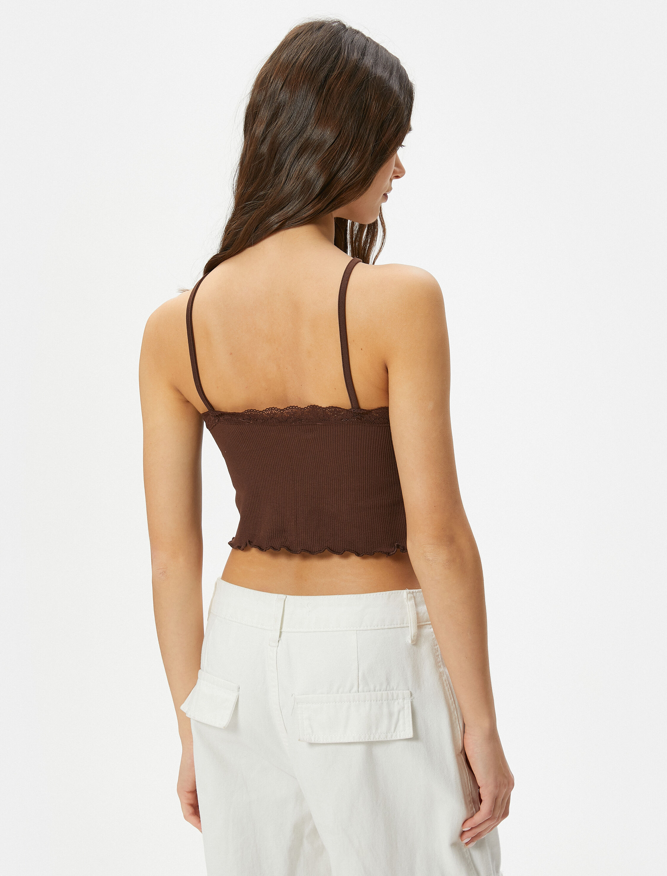   Crop İnce Askılı Atlet Dantel Güpür Dantel Detaylı Slim Fit Ribanalı