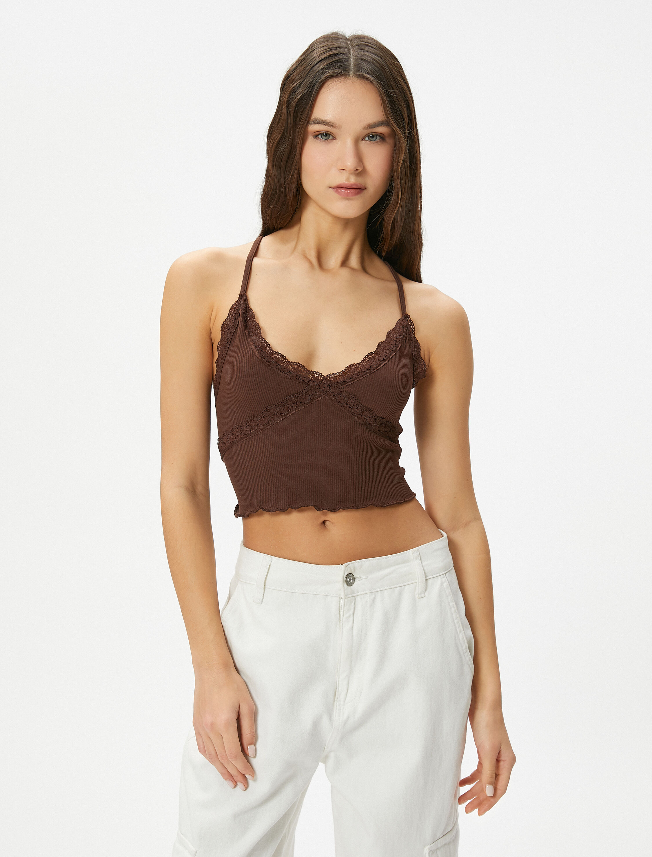   Crop İnce Askılı Atlet Dantel Güpür Dantel Detaylı Slim Fit Ribanalı