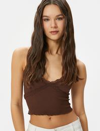 Crop İnce Askılı Atlet Dantel Güpür Dantel Detaylı Slim Fit Ribanalı