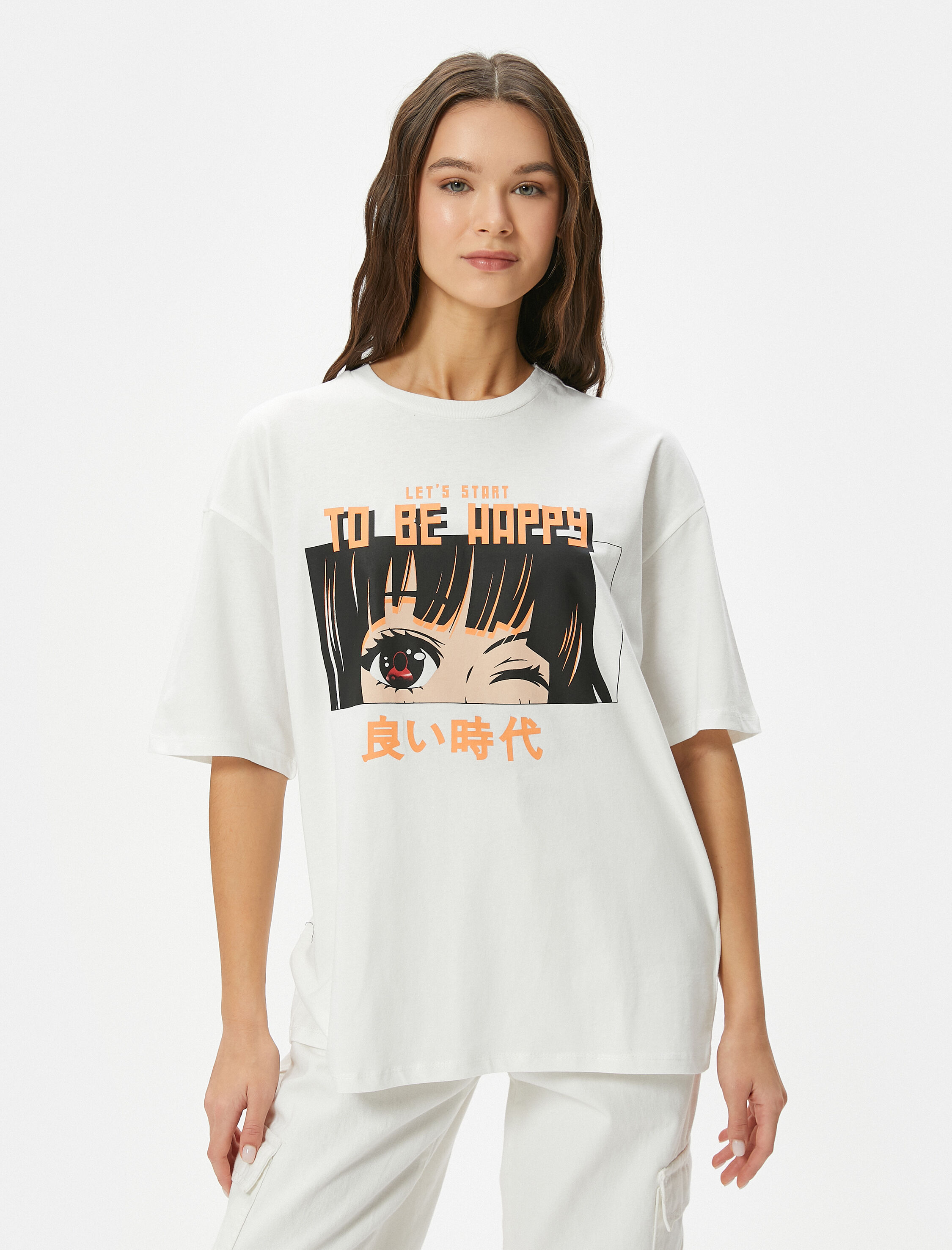   Anime Tişört Arkası ve Önü Baskılı Kısa Kollu Bisiklet Yaka Rahat Kalıp Pamuklu