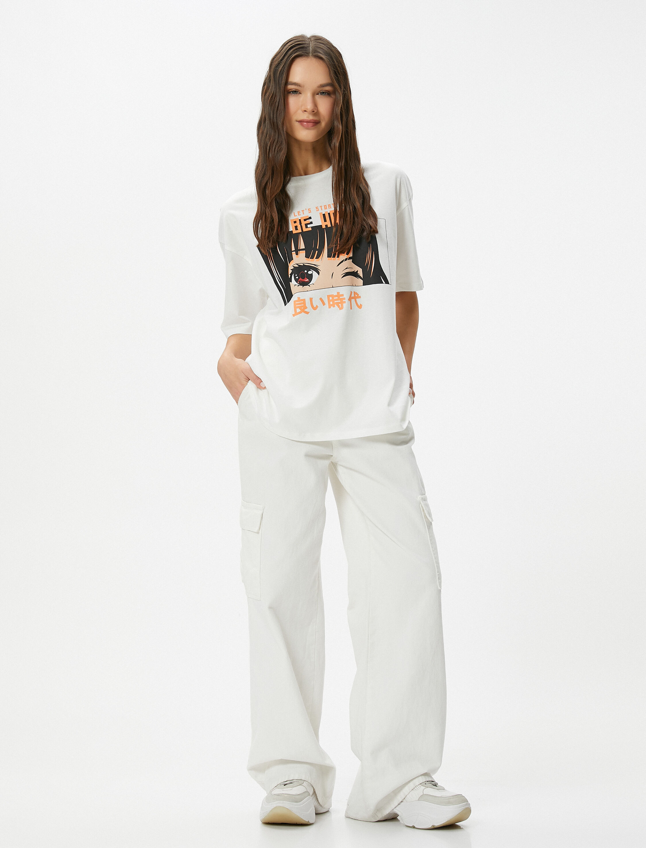   Anime Tişört Arkası ve Önü Baskılı Kısa Kollu Bisiklet Yaka Rahat Kalıp Pamuklu