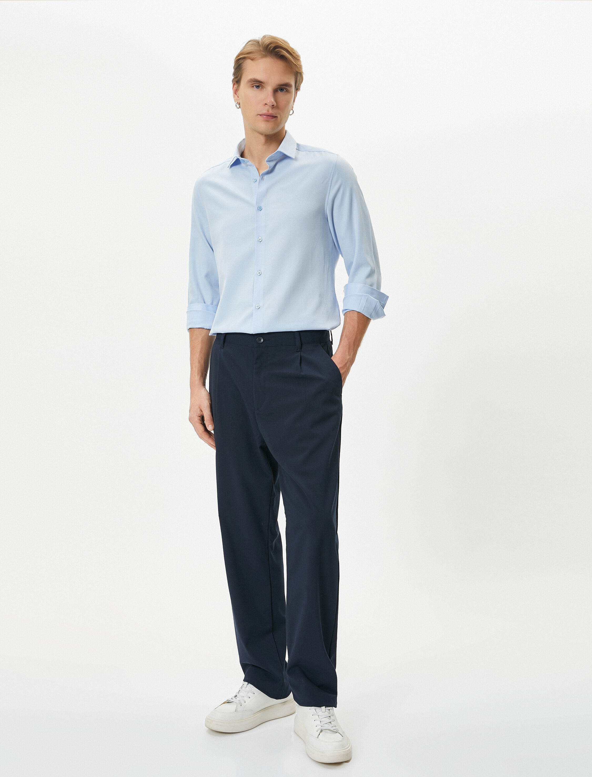   Klasik Gömlek Yarım İtalyan Yaka Düğmeli Uzun Kollu Regular Fit