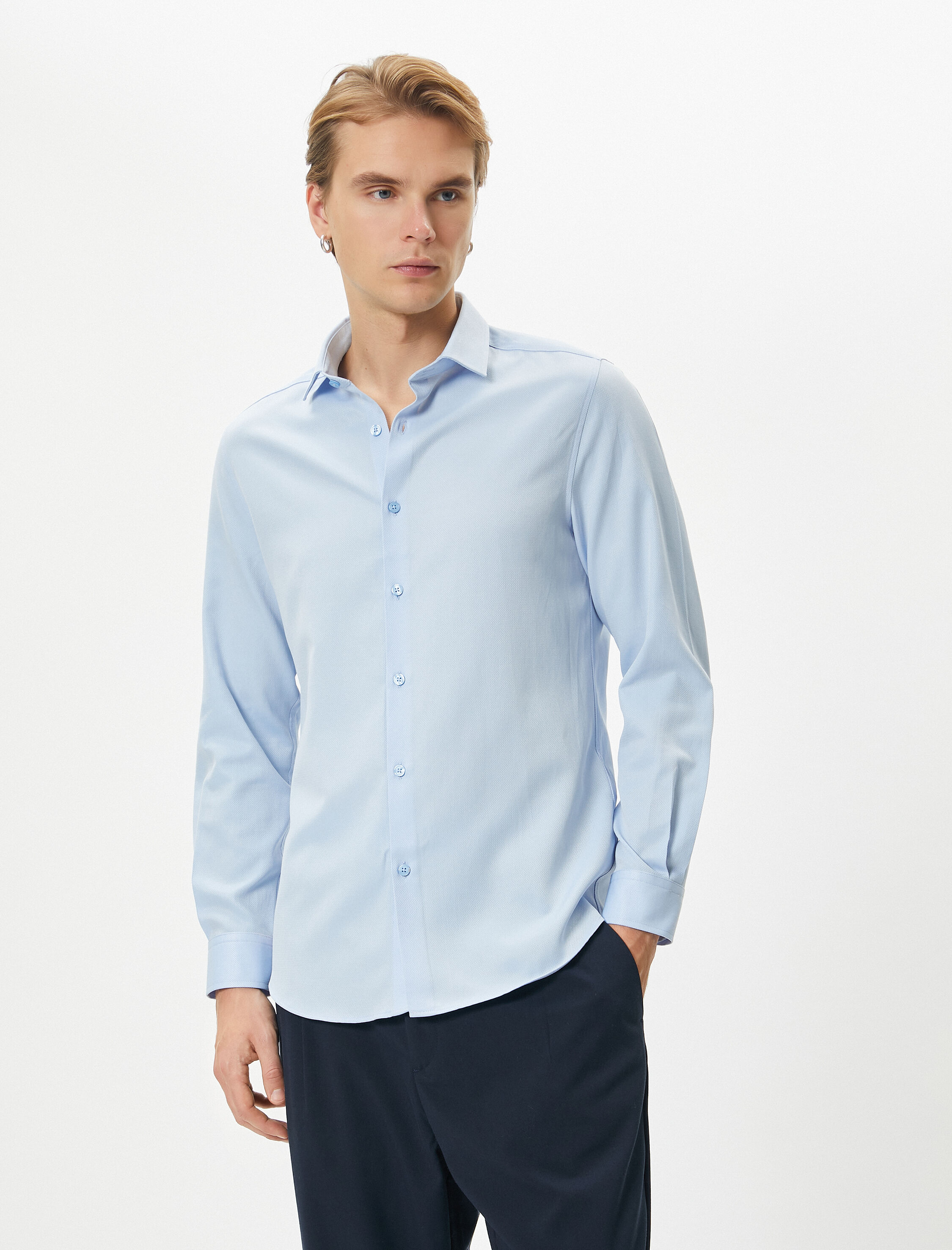   Klasik Gömlek Yarım İtalyan Yaka Düğmeli Uzun Kollu Regular Fit