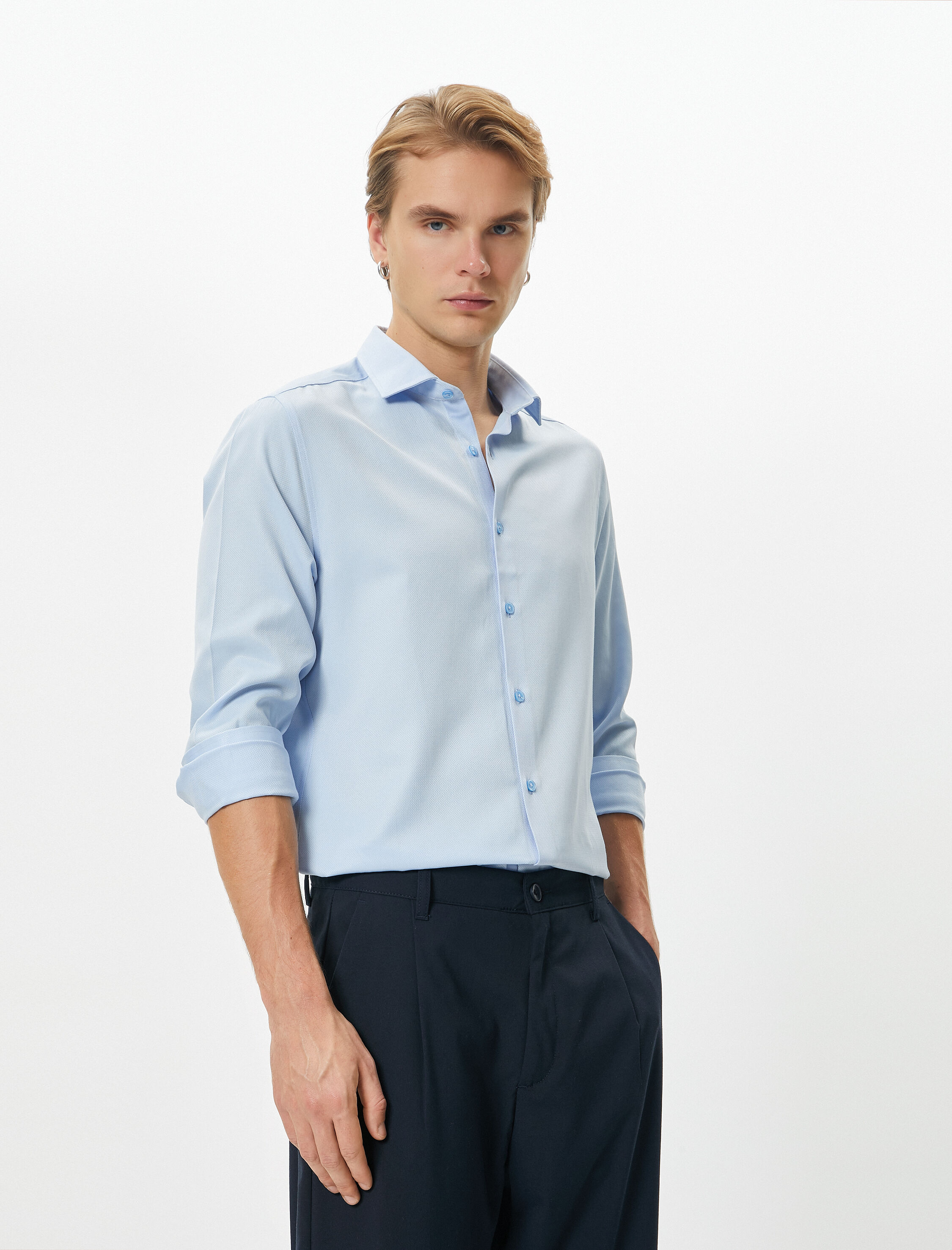   Klasik Gömlek Yarım İtalyan Yaka Düğmeli Uzun Kollu Regular Fit