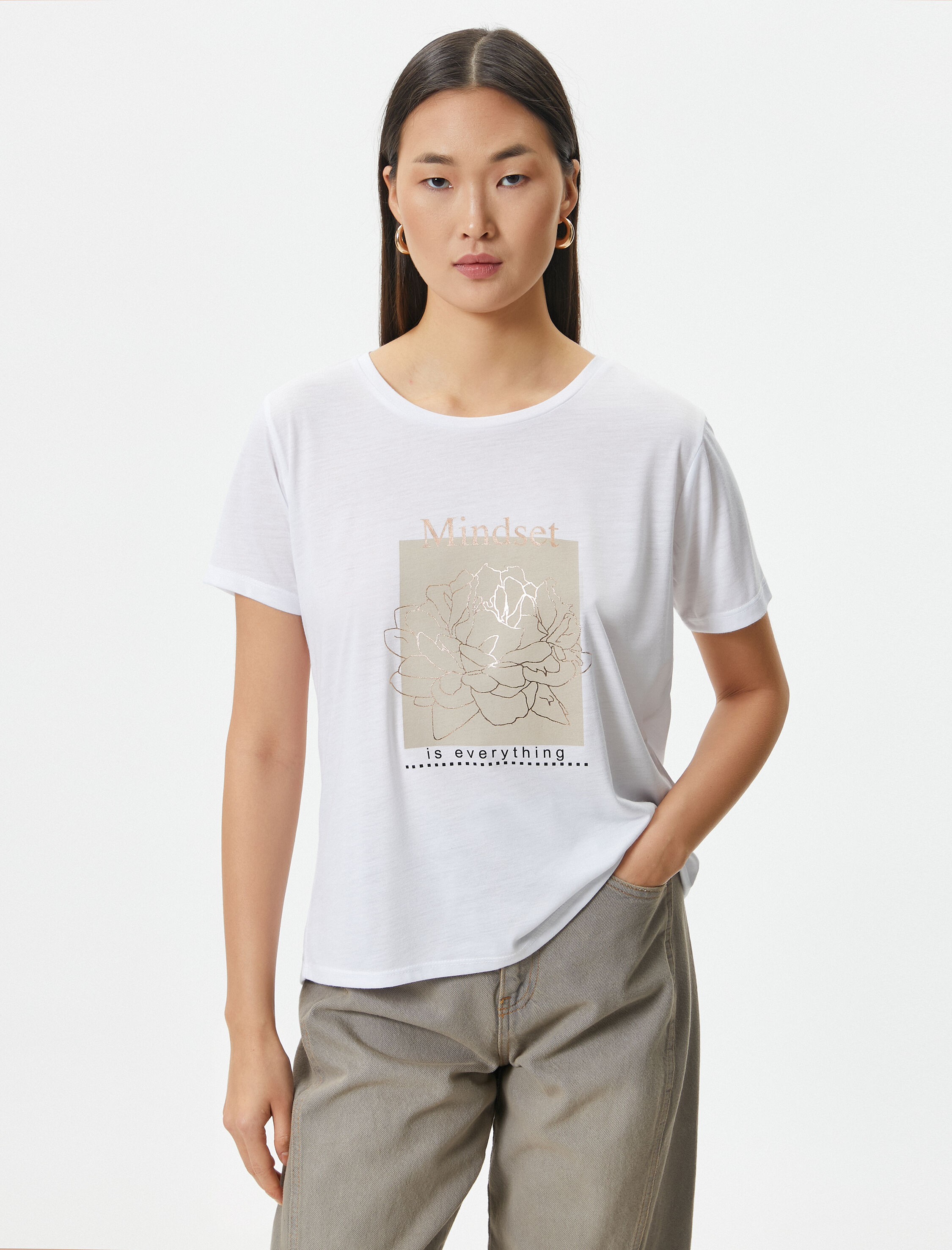   Baskılı Tişört Kısa Kollu Bisiklet Yaka Viskon Karışımlı