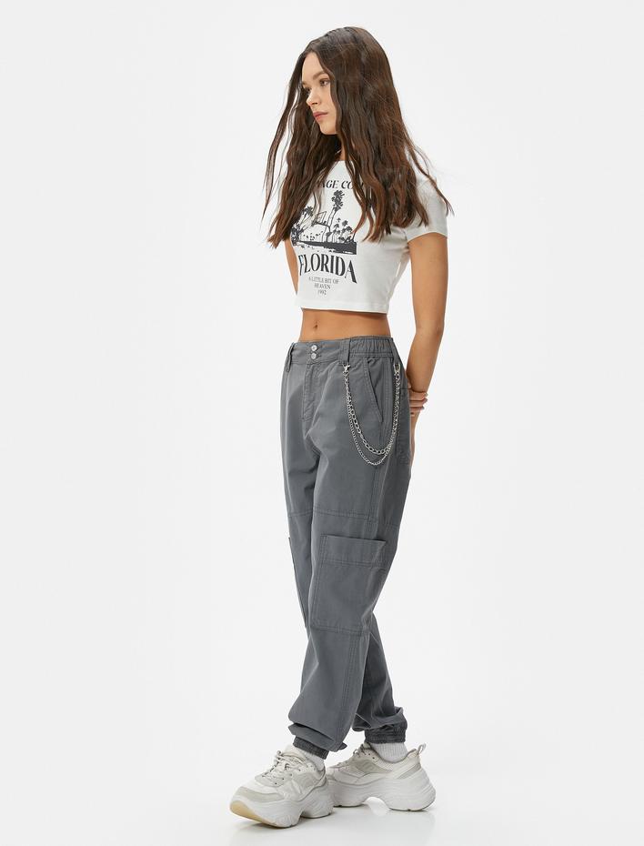  Kargo Jogger Pantolon Zincir Detaylı Yüksek Bel Pamuklu