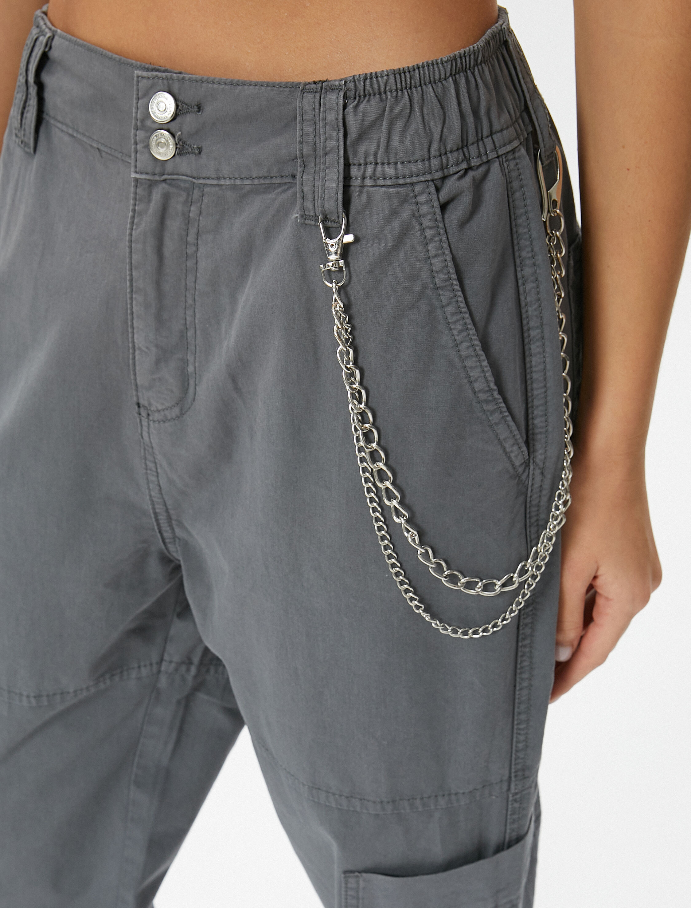 Kargo Jogger Pantolon Zincir Detaylı Yüksek Bel Pamuklu