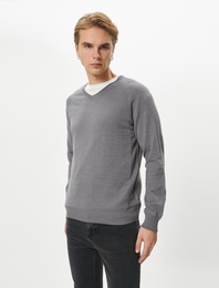 Basic Triko Kazak V Yaka Slim Fit Uzun Kollu Pamuklu