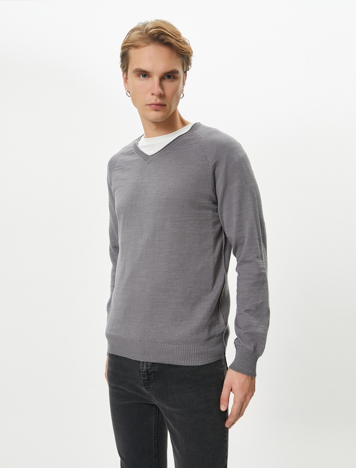  Basic Triko Kazak V Yaka Slim Fit Uzun Kollu Pamuklu