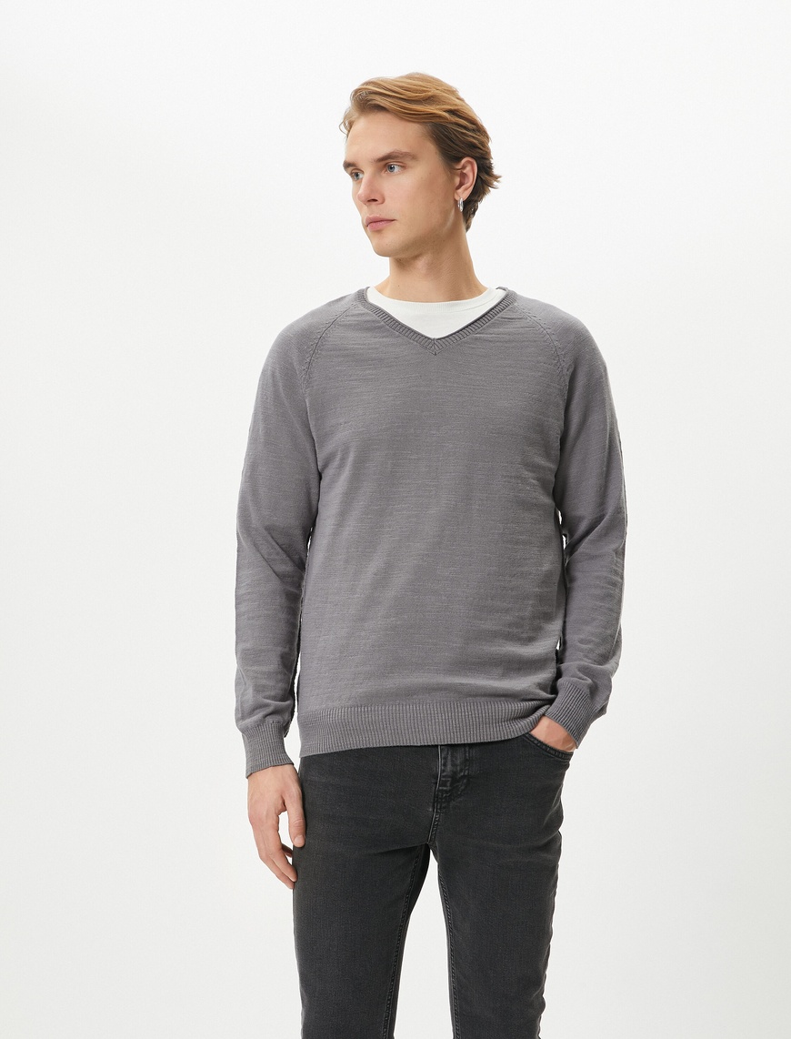   Basic Triko Kazak V Yaka Slim Fit Uzun Kollu Pamuklu