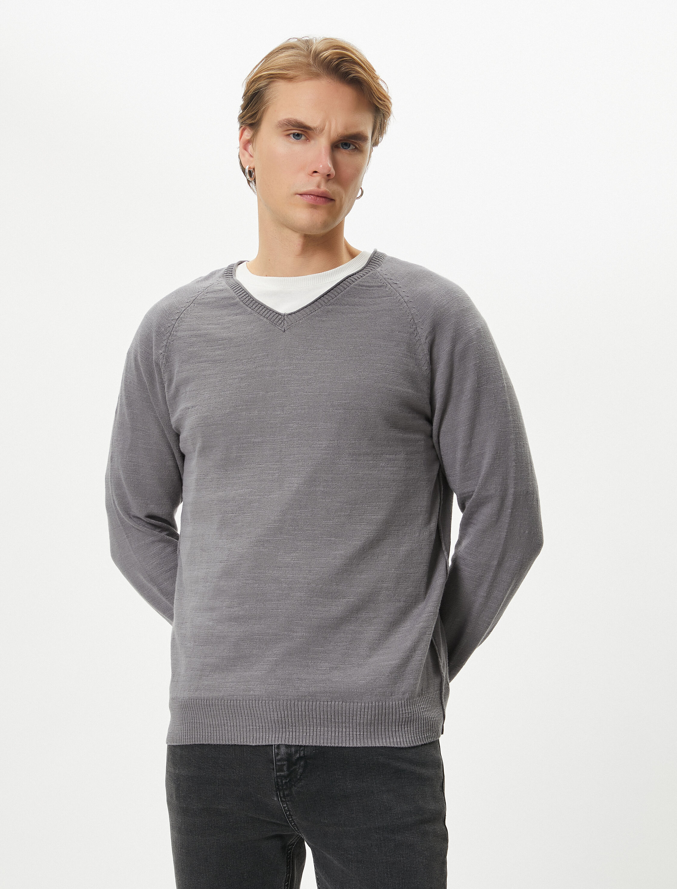   Basic Triko Kazak V Yaka Slim Fit Uzun Kollu Pamuklu