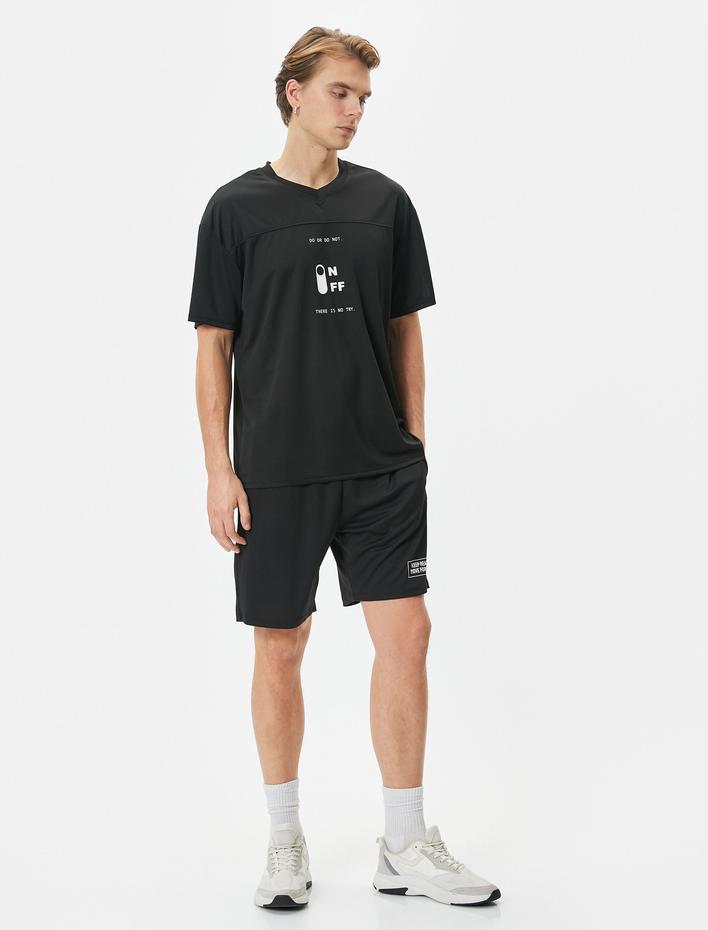  Spor Şort Beli Bağcıklı Slogan Baskılı Cepli